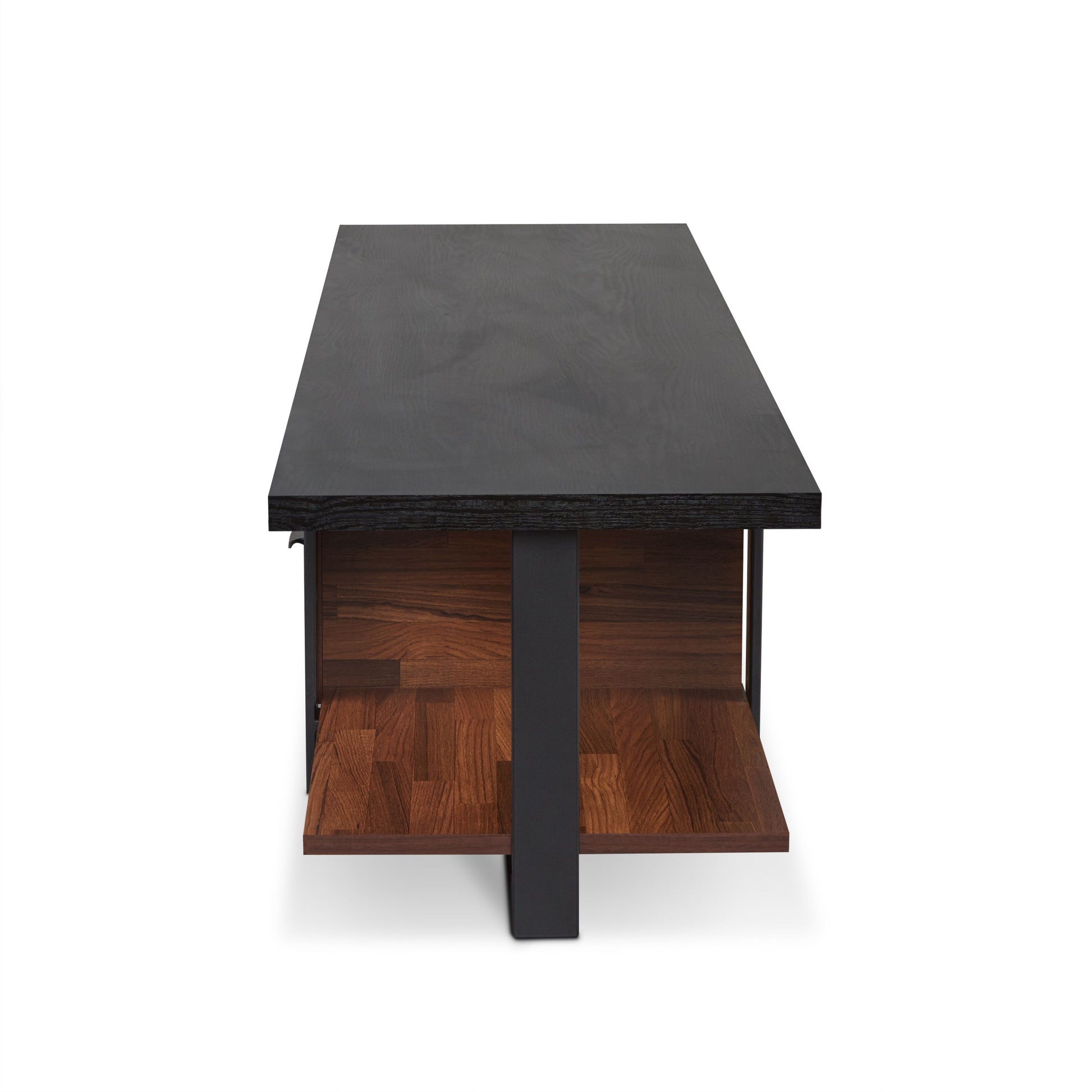 Dark oak veneer coffee table with black metal legs and open shelving