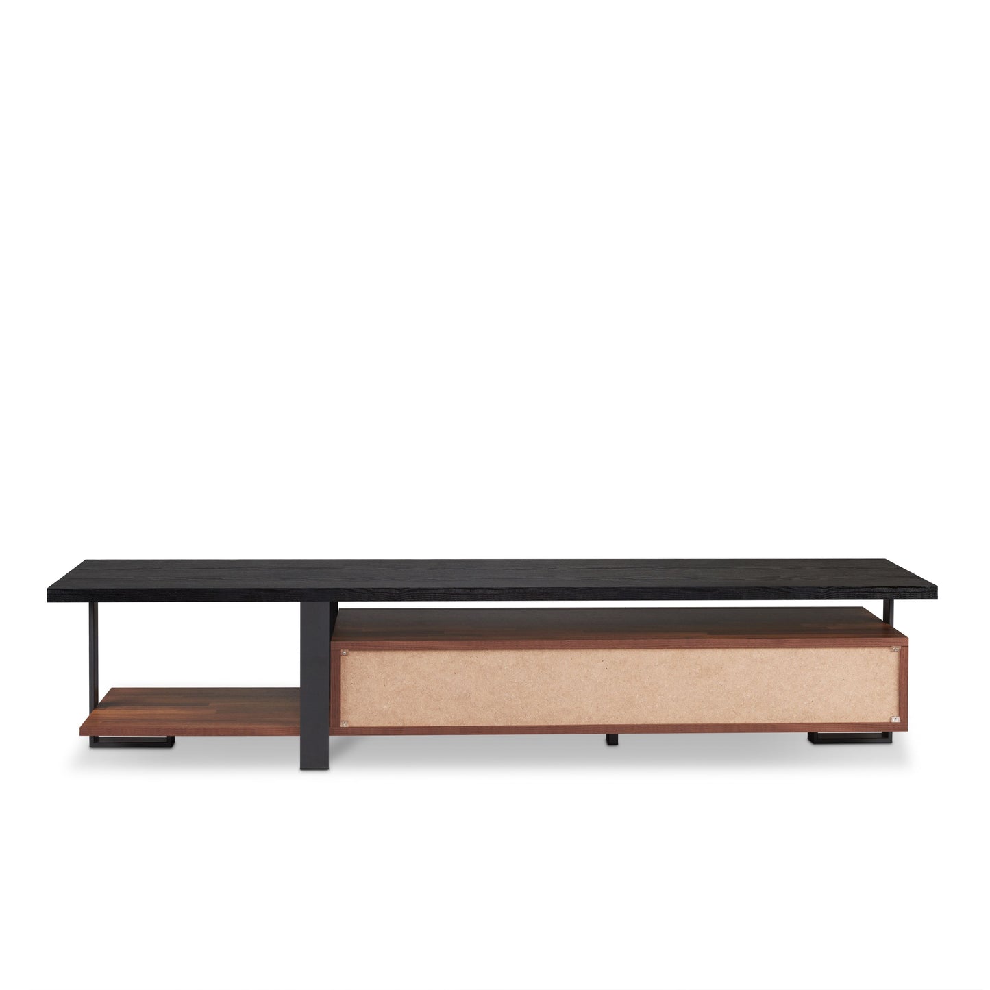 Black modern TV stand with open shelf and one drawer compartment