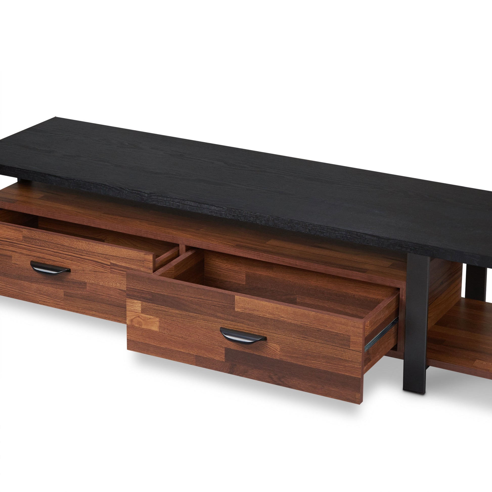 Black top wood media console with open and closed drawers