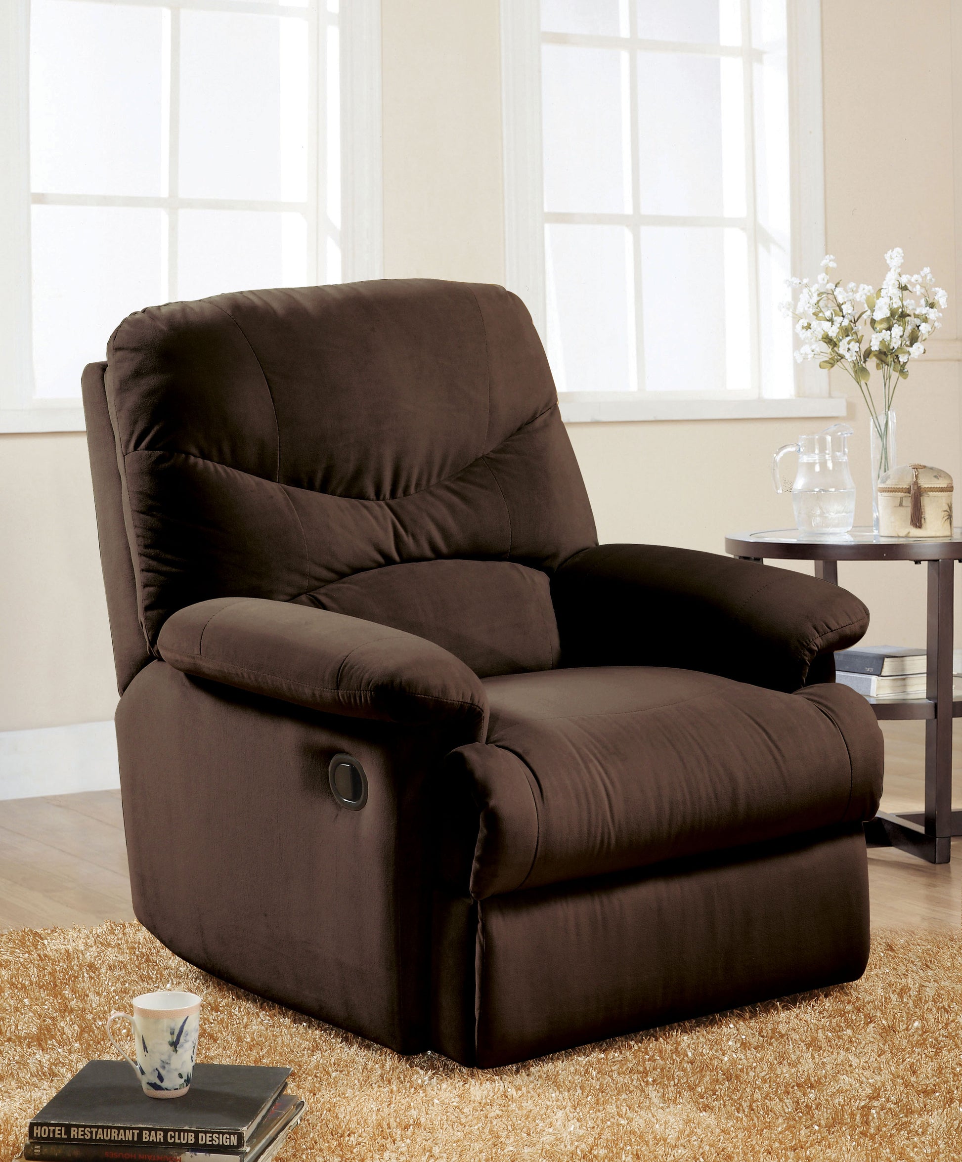 Padded brown microfiber recliner chair with lever for easy reclining