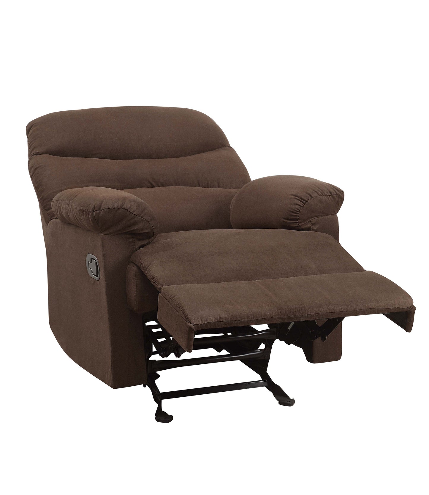 Plush brown fabric recliner chair with footrest extended and visible metal mechanism