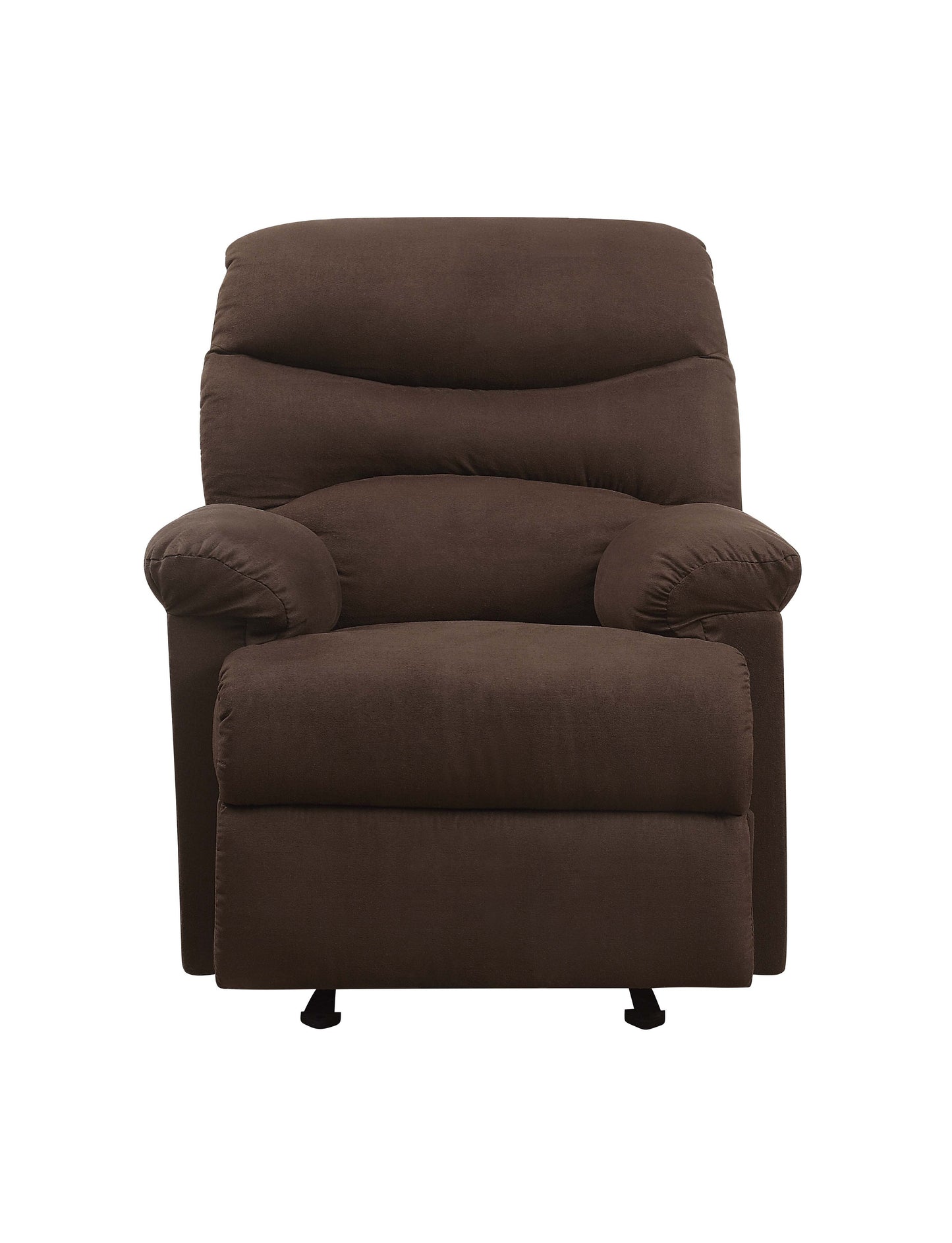 Plush brown fabric recliner chair with padded armrests and footrest