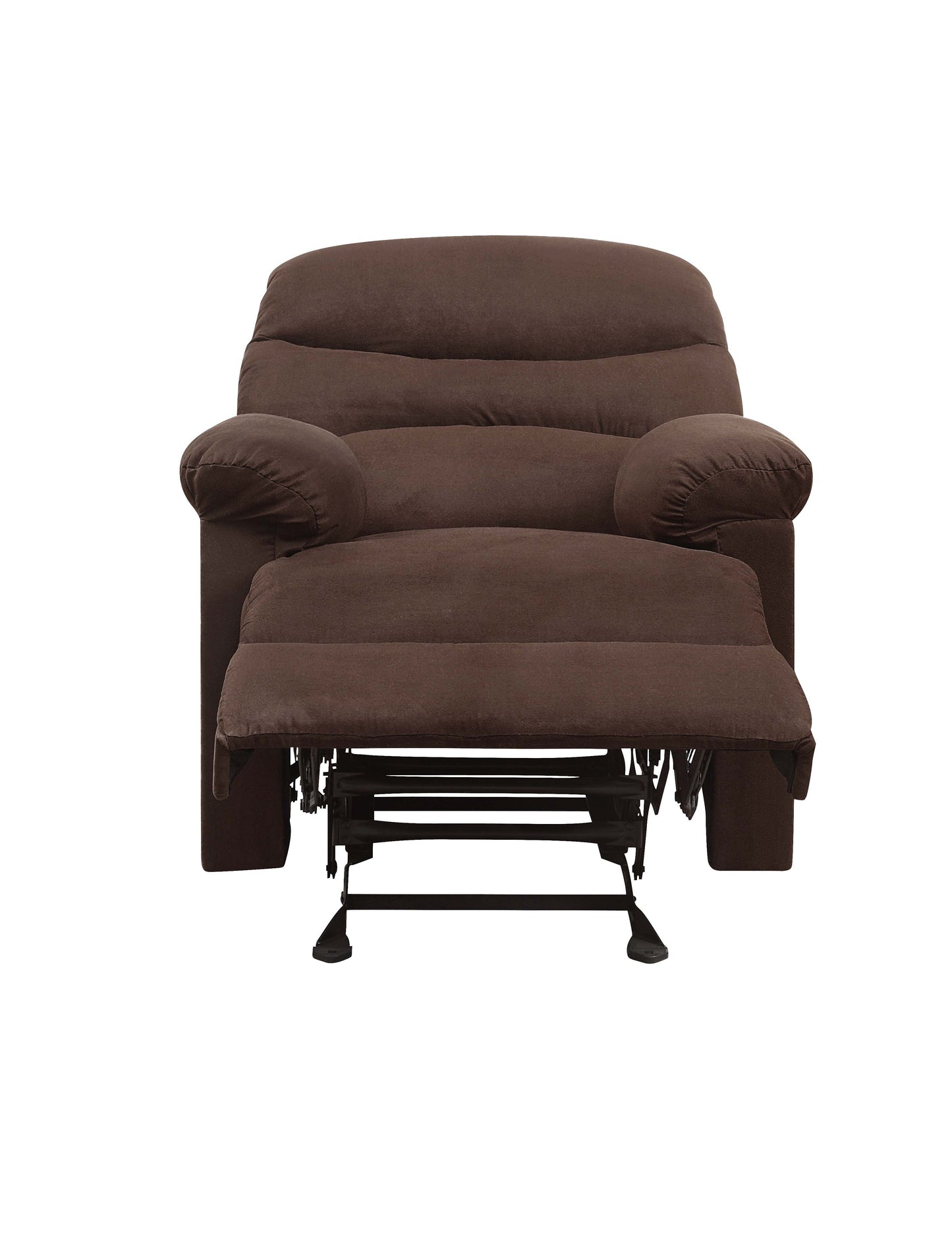 Brown fabric recliner chair with extended footrest showing internal mechanism