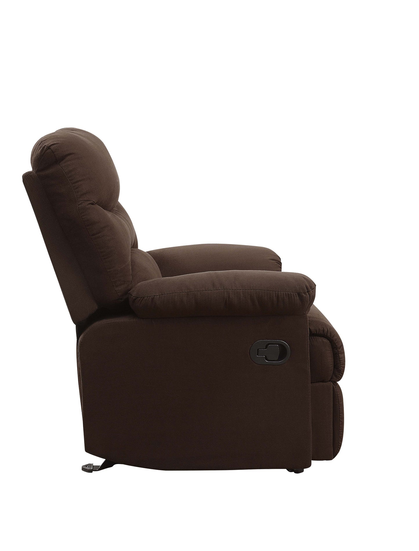 Comfortable brown fabric recliner chair with padded headrest and armrests for relaxation