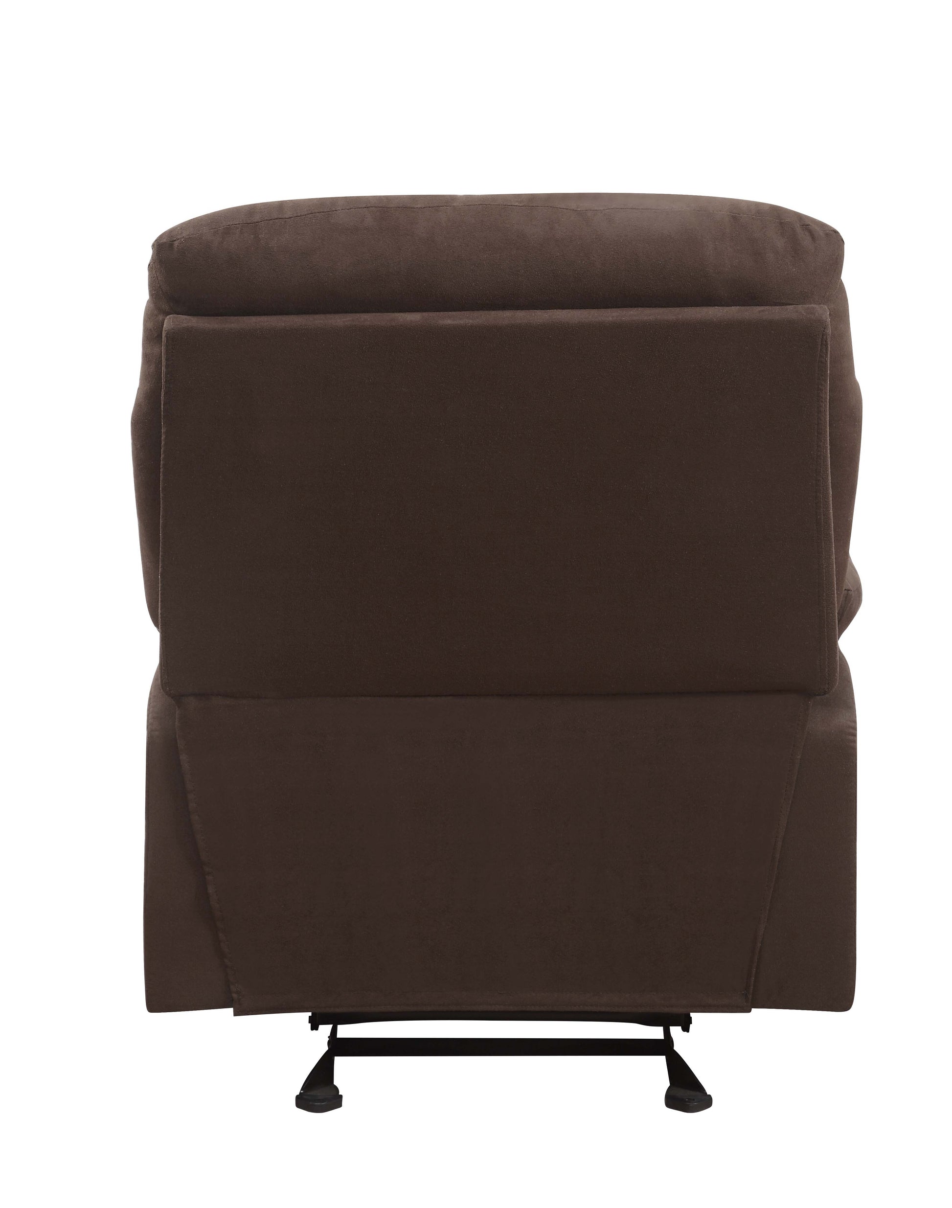 Brown upholstered recliner chair back view plush fabric