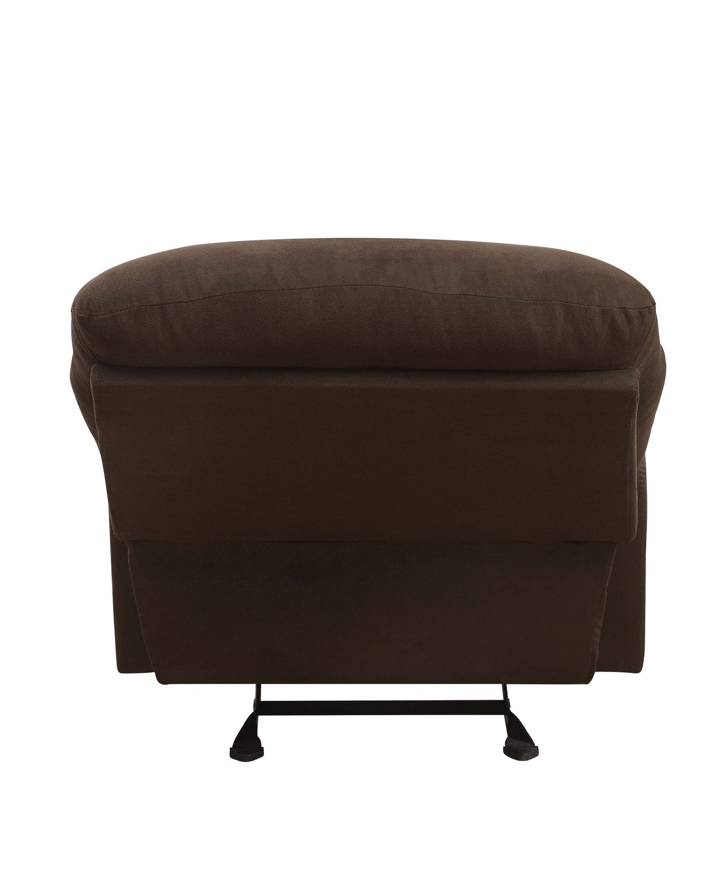 Brown suede recliner chair back view showcasing plush cushioning and sturdy metal base