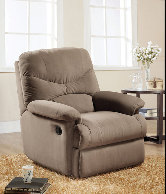 Comfortable taupe upholstered recliner chair with plush cushioning and manual lever