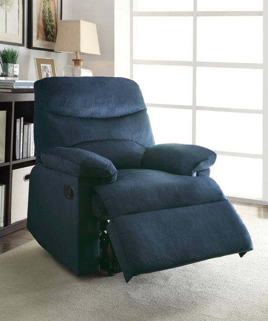 Navy blue upholstered recliner chair with plush cushioning and extended footrest