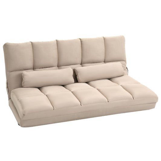 Beige upholstered convertible sofa bed with two throw pillows