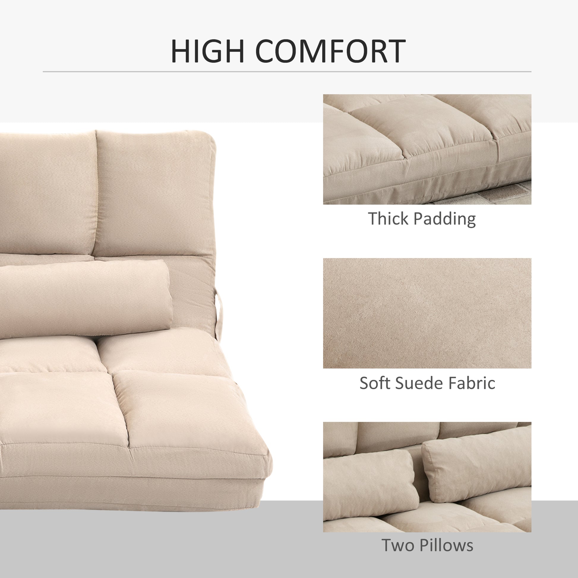 Beige convertible sofa bed with thick padding and two plush pillows