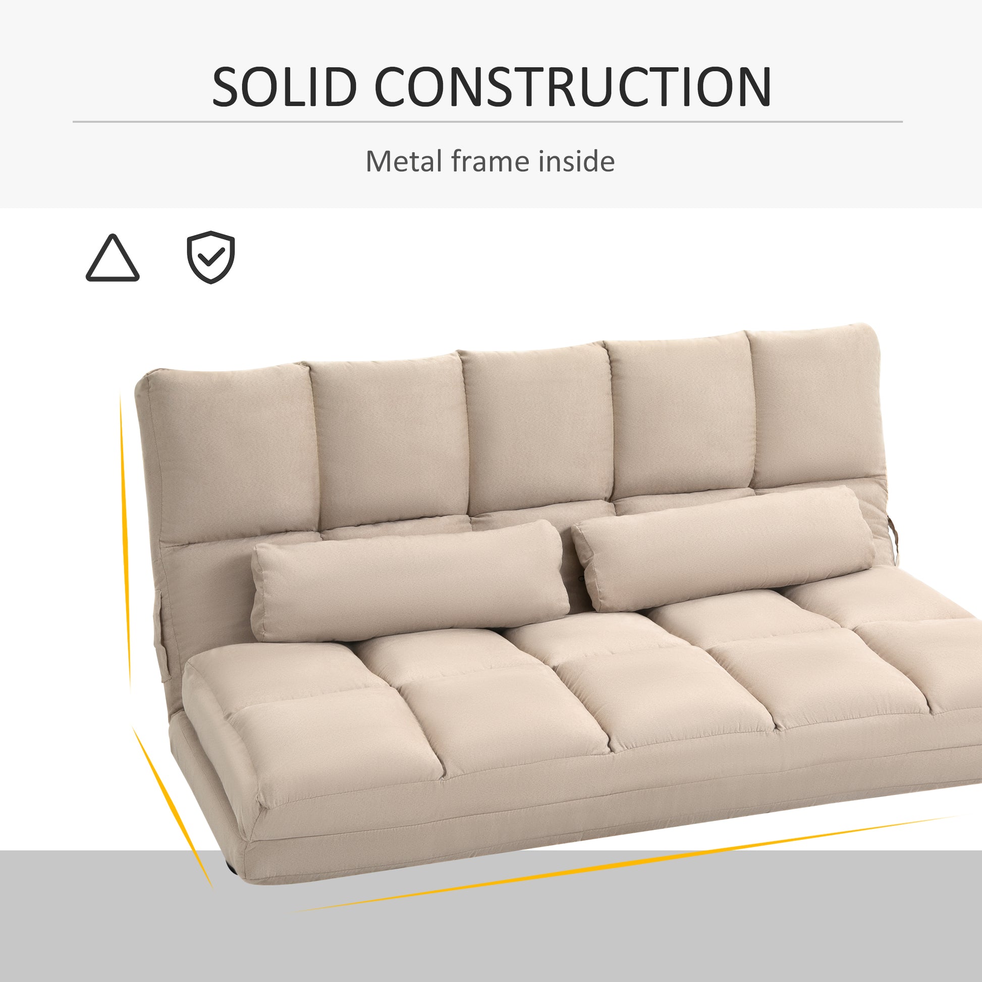 Beige upholstered convertible sofa with adjustable backrest and two throw pillows