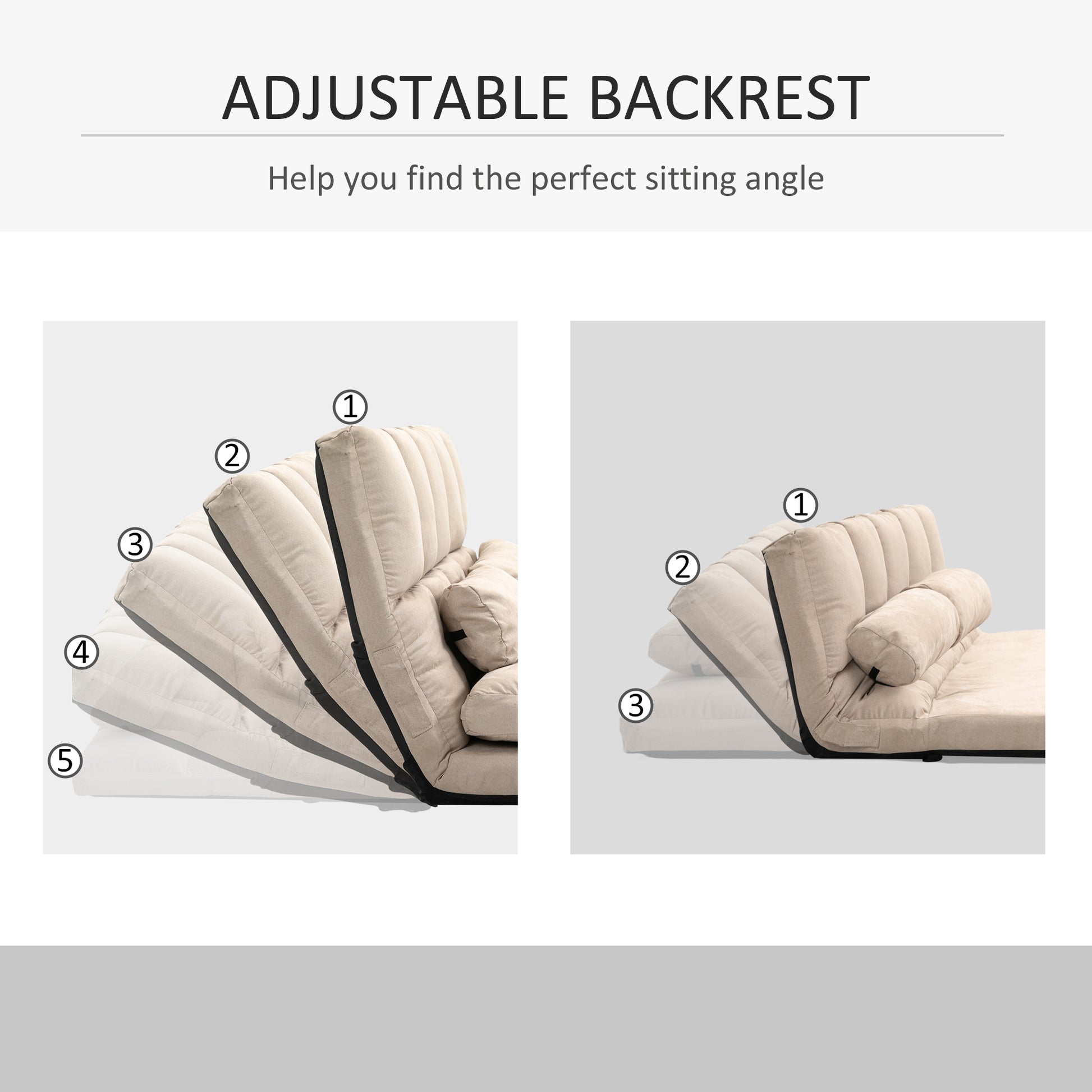 Cream linen futon sofa demonstrating five adjustable backrest positions