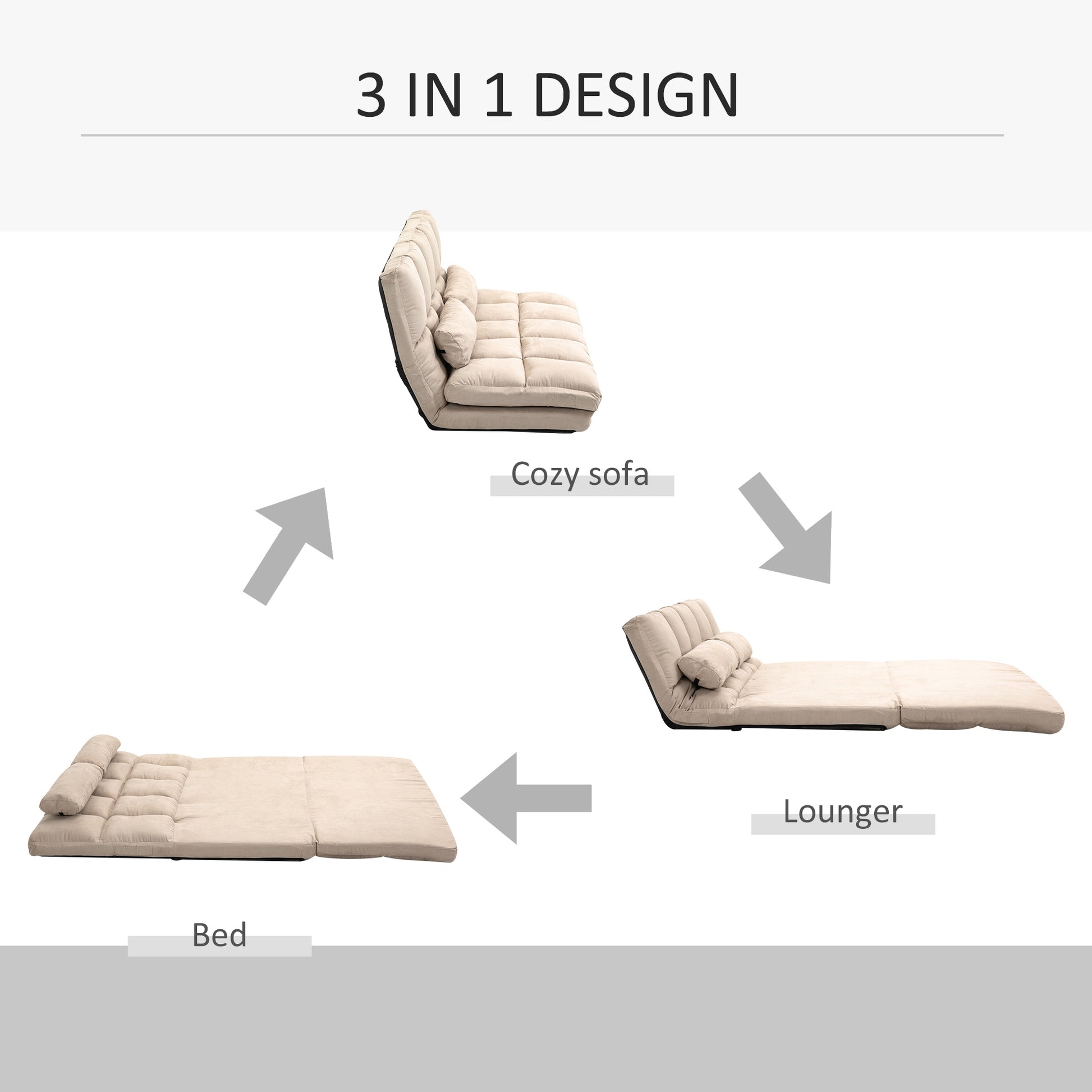 Beige fabric sofa with tufted cushions versatile for living room seating