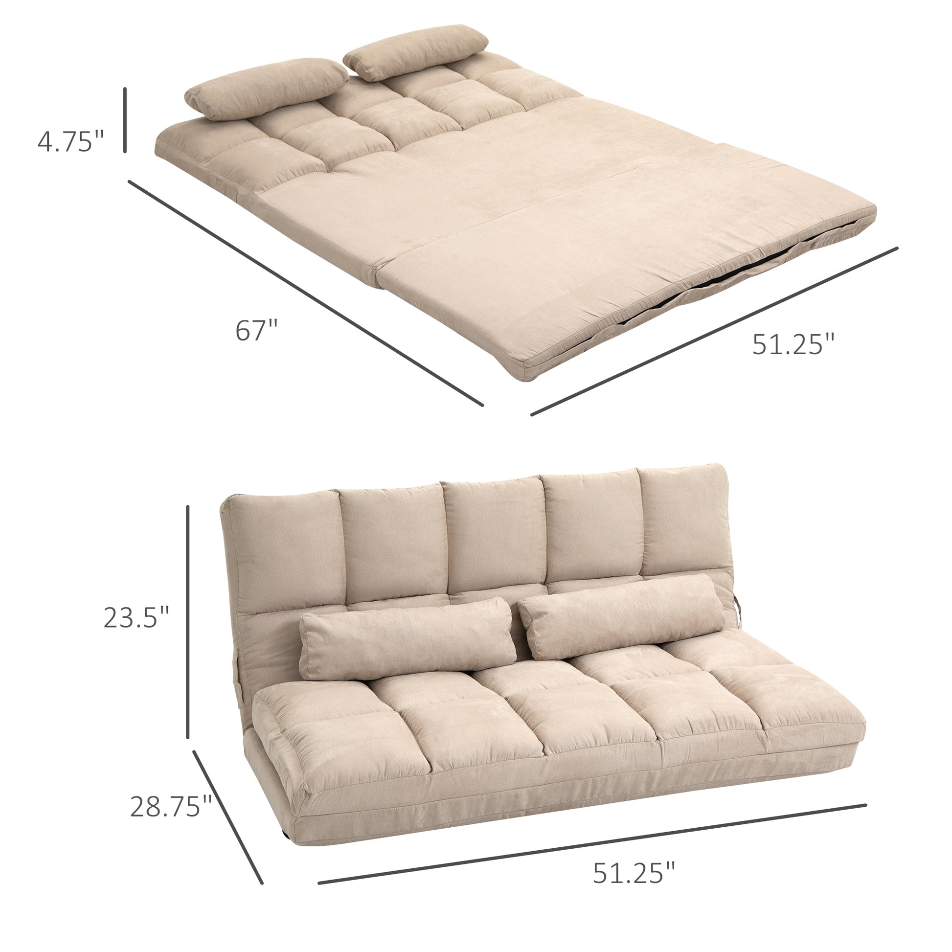 Beige convertible sofa bed plush fabric tufted cushions two bolster pillows