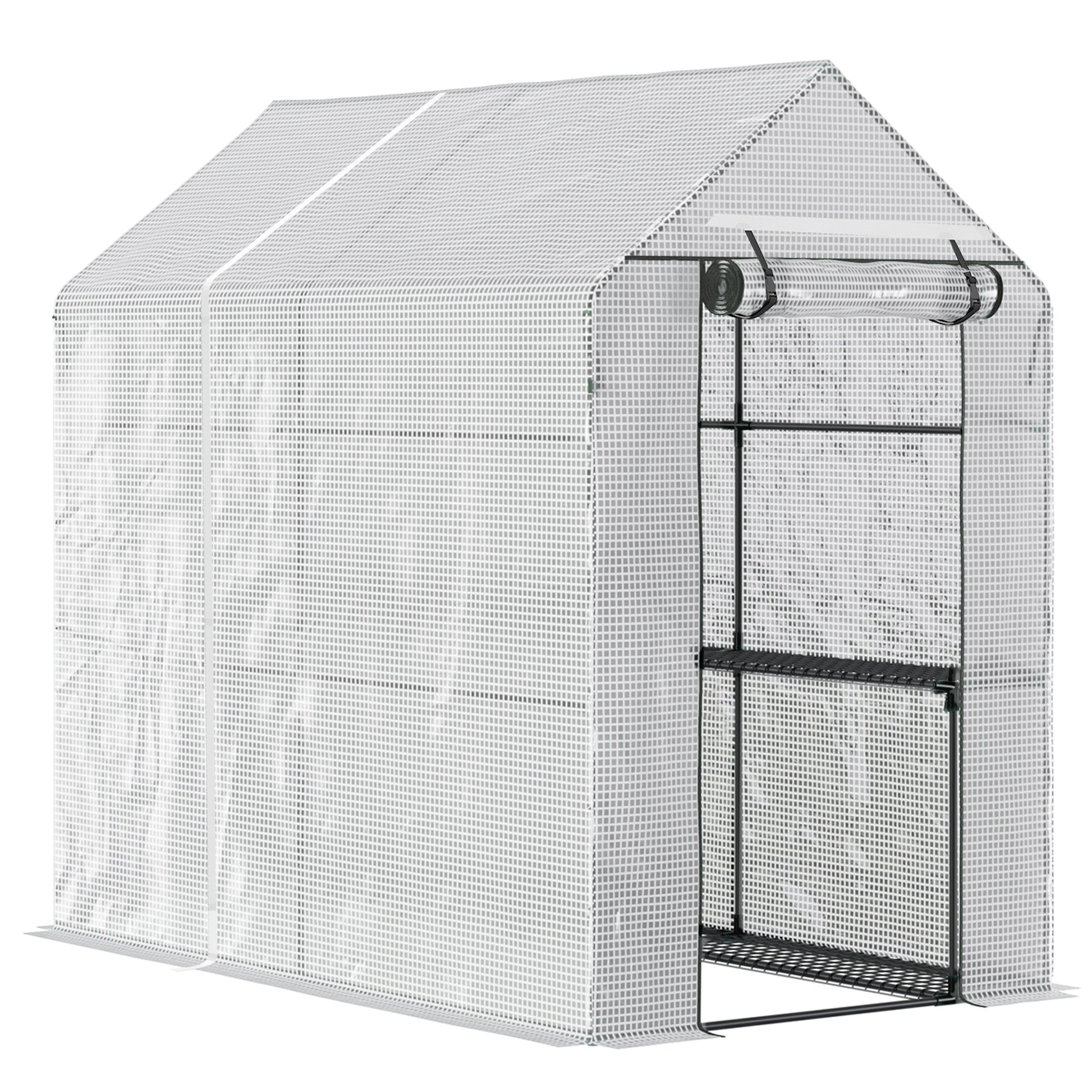 White mesh greenhouse with rollup door for outdoor gardening