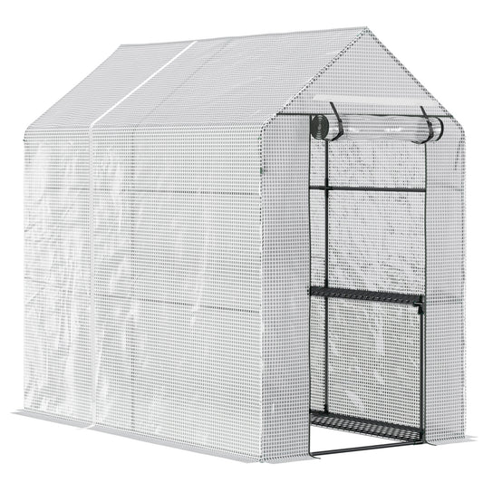 White mesh greenhouse with rollup door for outdoor gardening