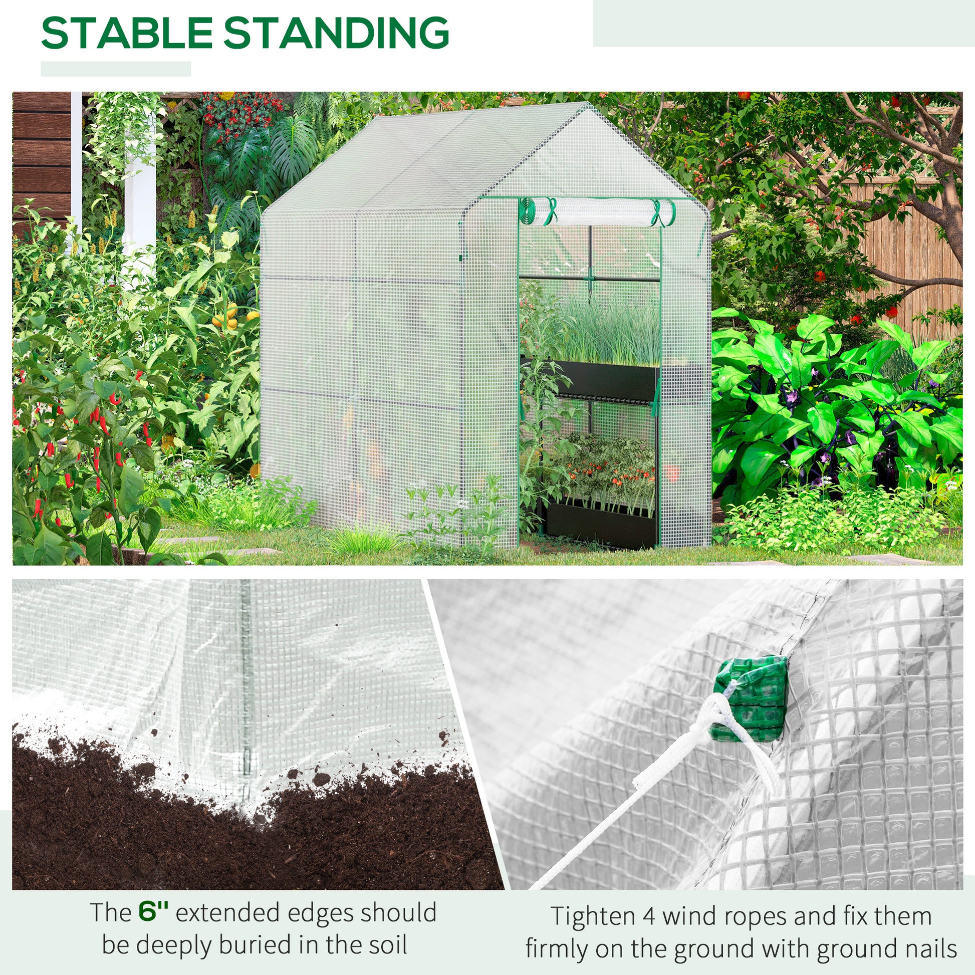 Greenhouse with pitched roof clear cover and rollup door showcasing healthy plants inside