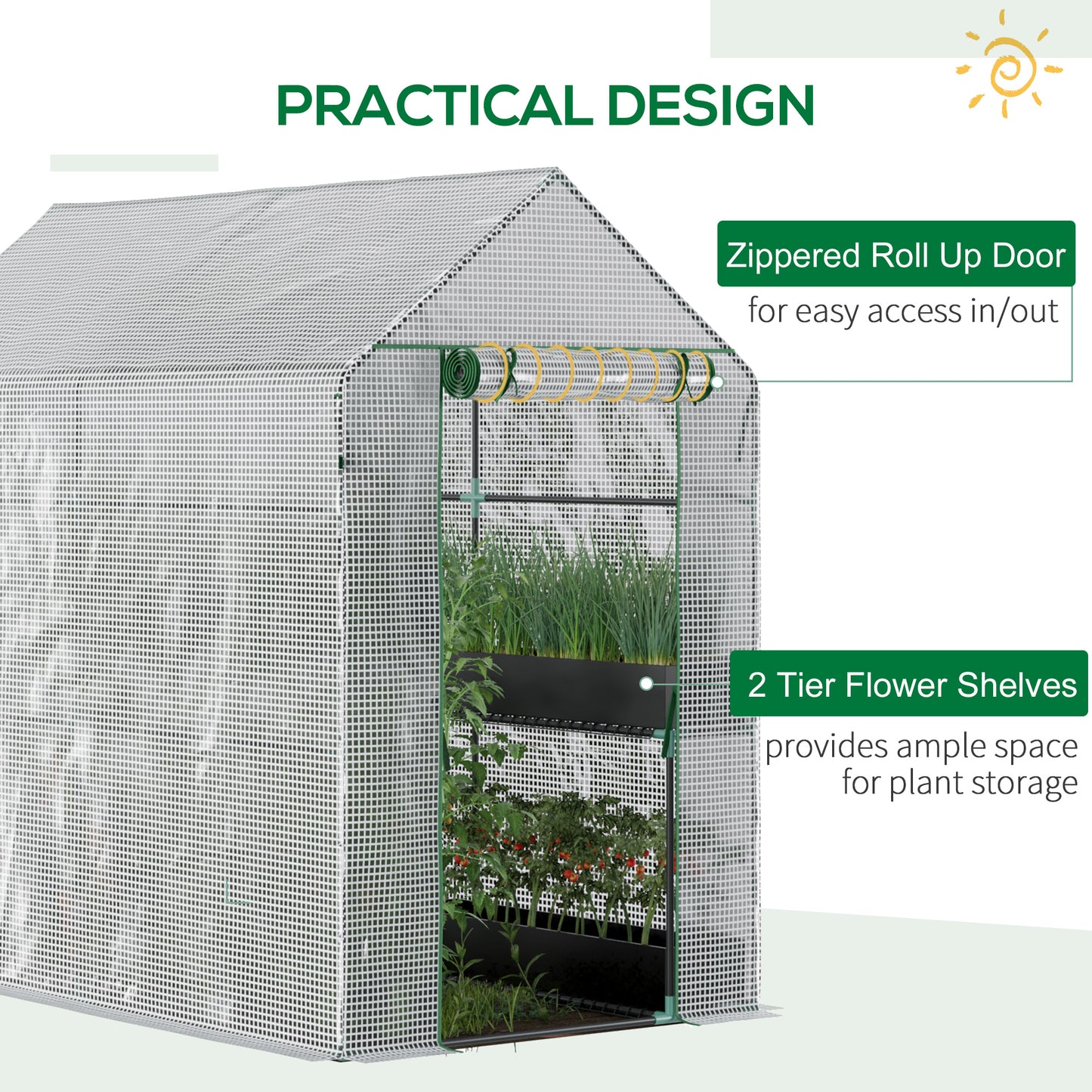White mesh greenhouse with zippered rollup door and tier shelves ideal for plant storage