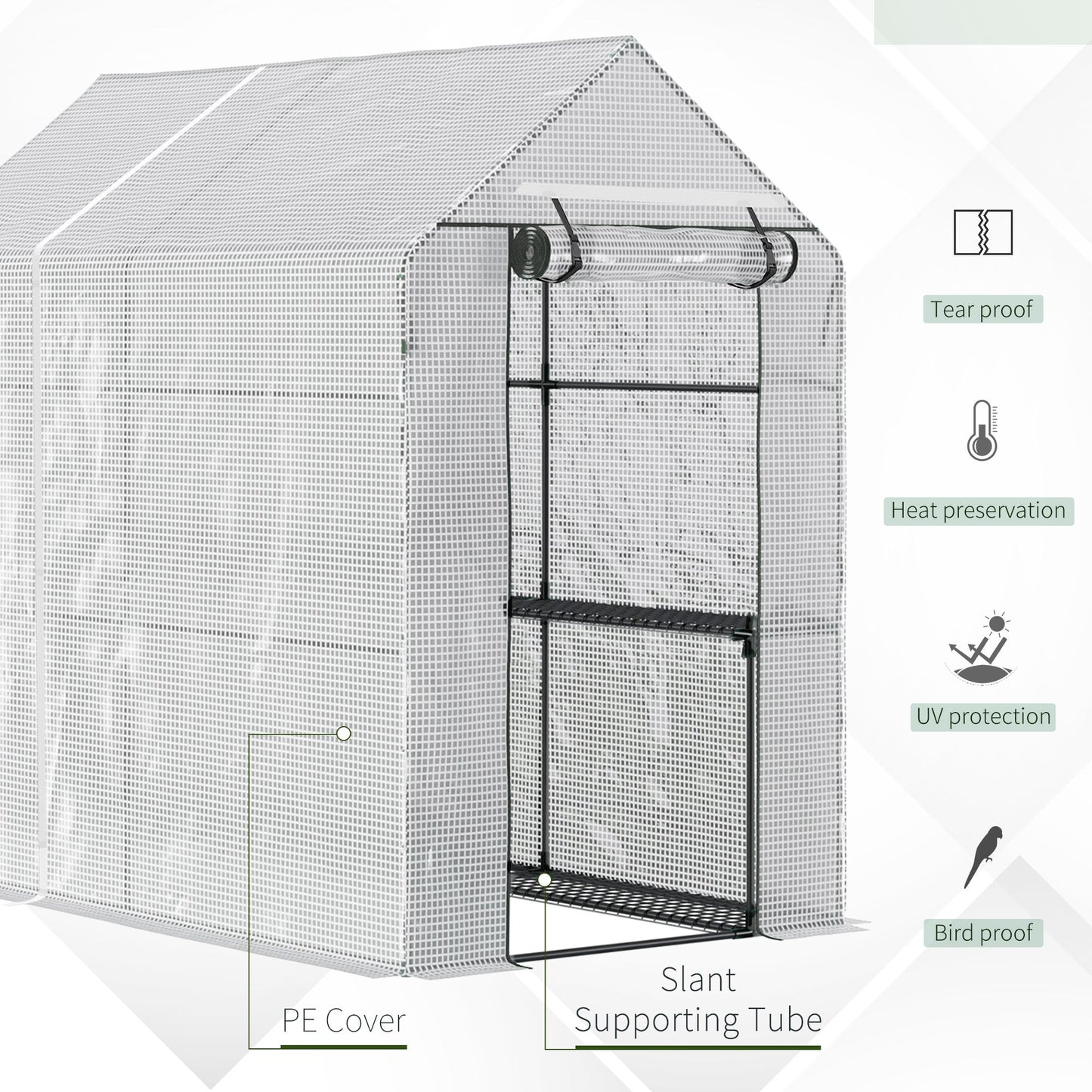 White polyethylene cover greenhouse with slant supporting tube for plants