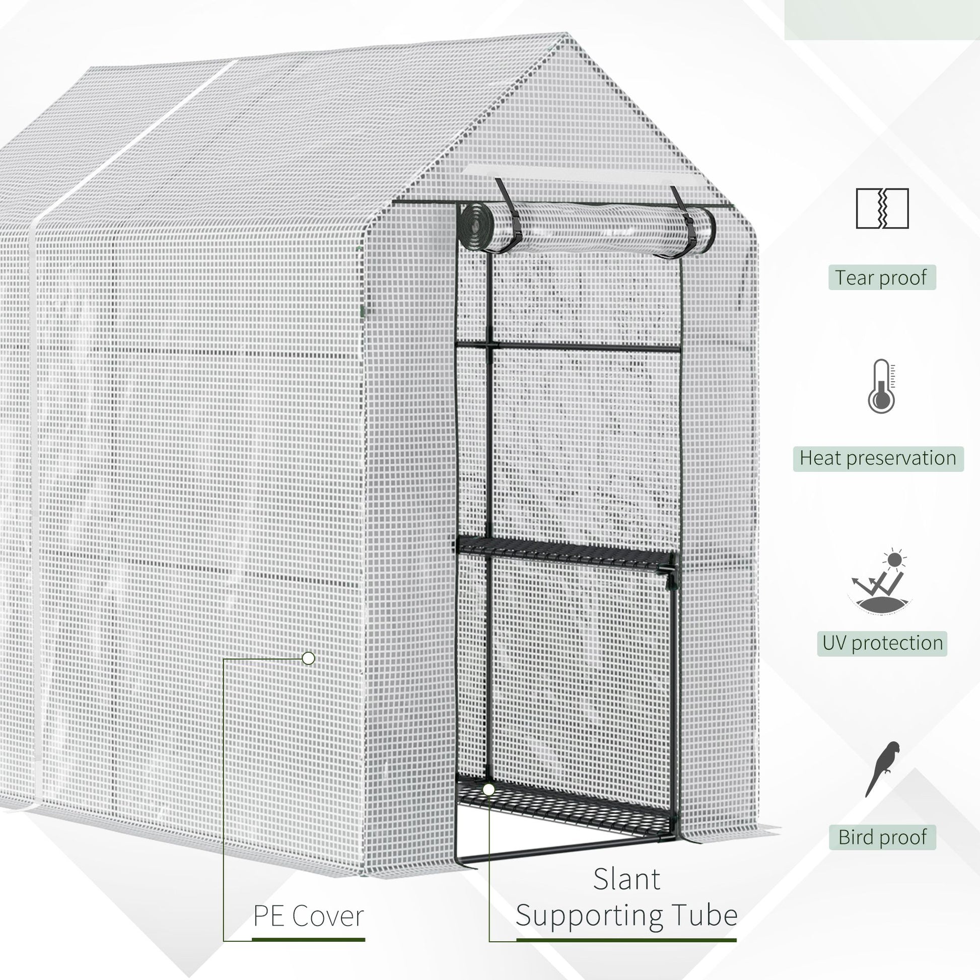 White polyethylene cover greenhouse with slant supporting tube for plants