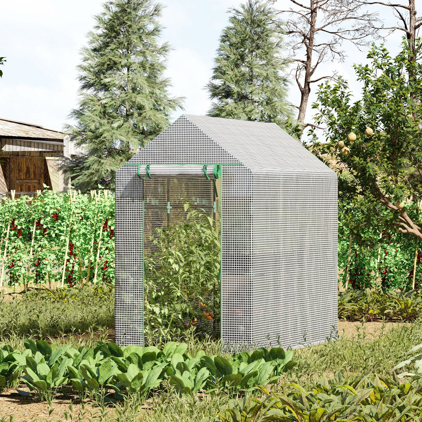 Compact white mesh greenhouse with green trim ideal for growing tomatoes and other vegetables