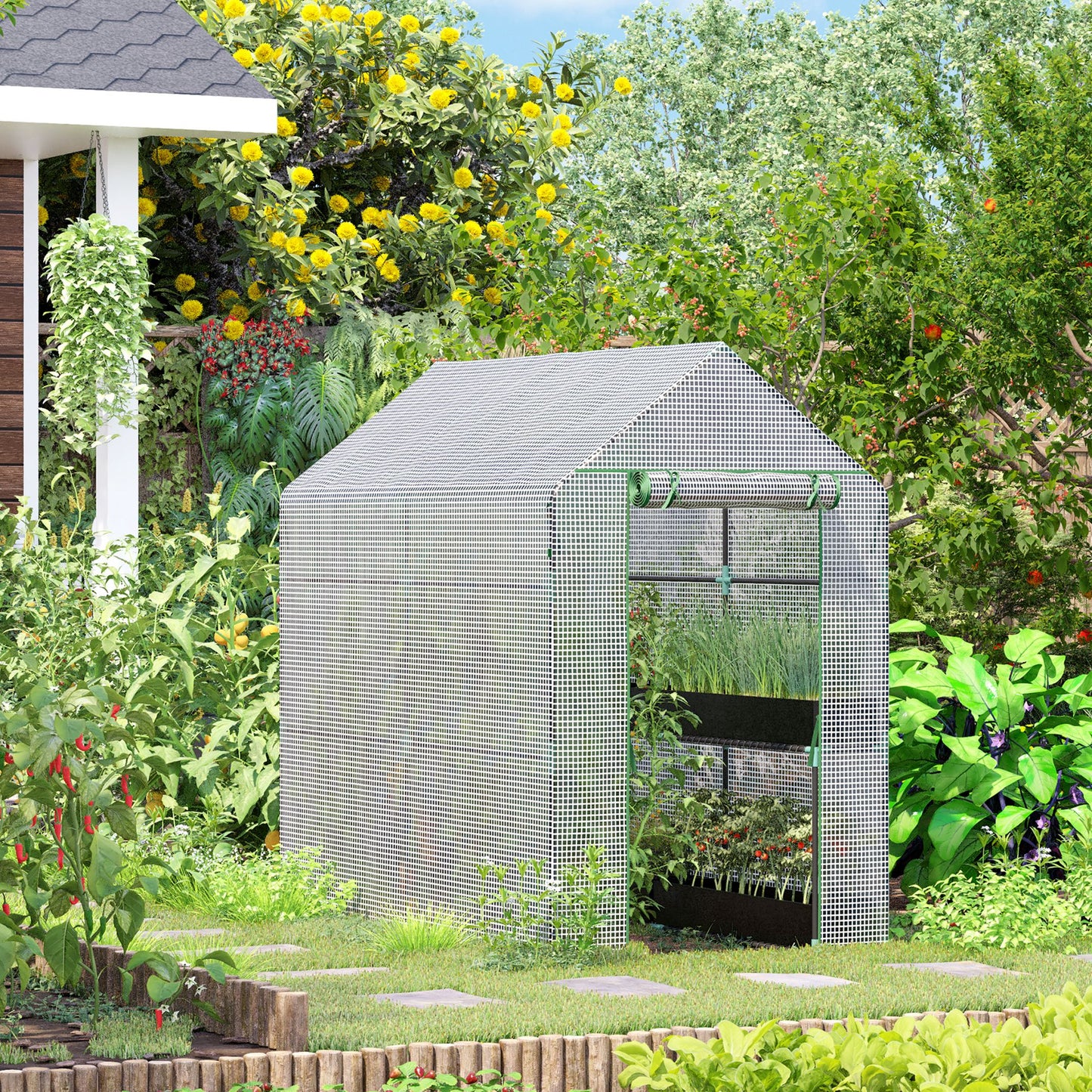 Compact portable greenhouse with rollup door and shelves for plants