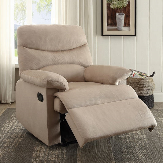 Beige plush recliner chair with extended footrest perfect for living room relaxation
