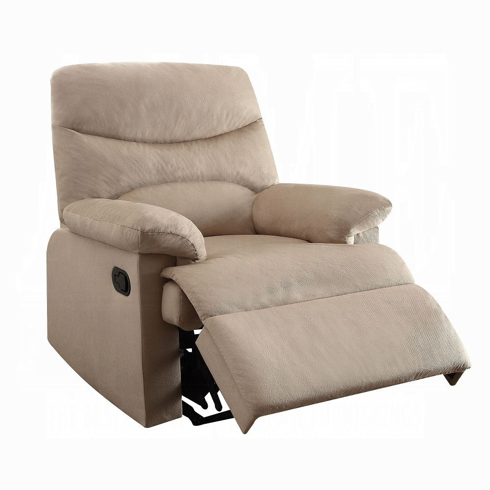 Beige microfiber recliner with plush cushions and extended footrest for ultimate comfort