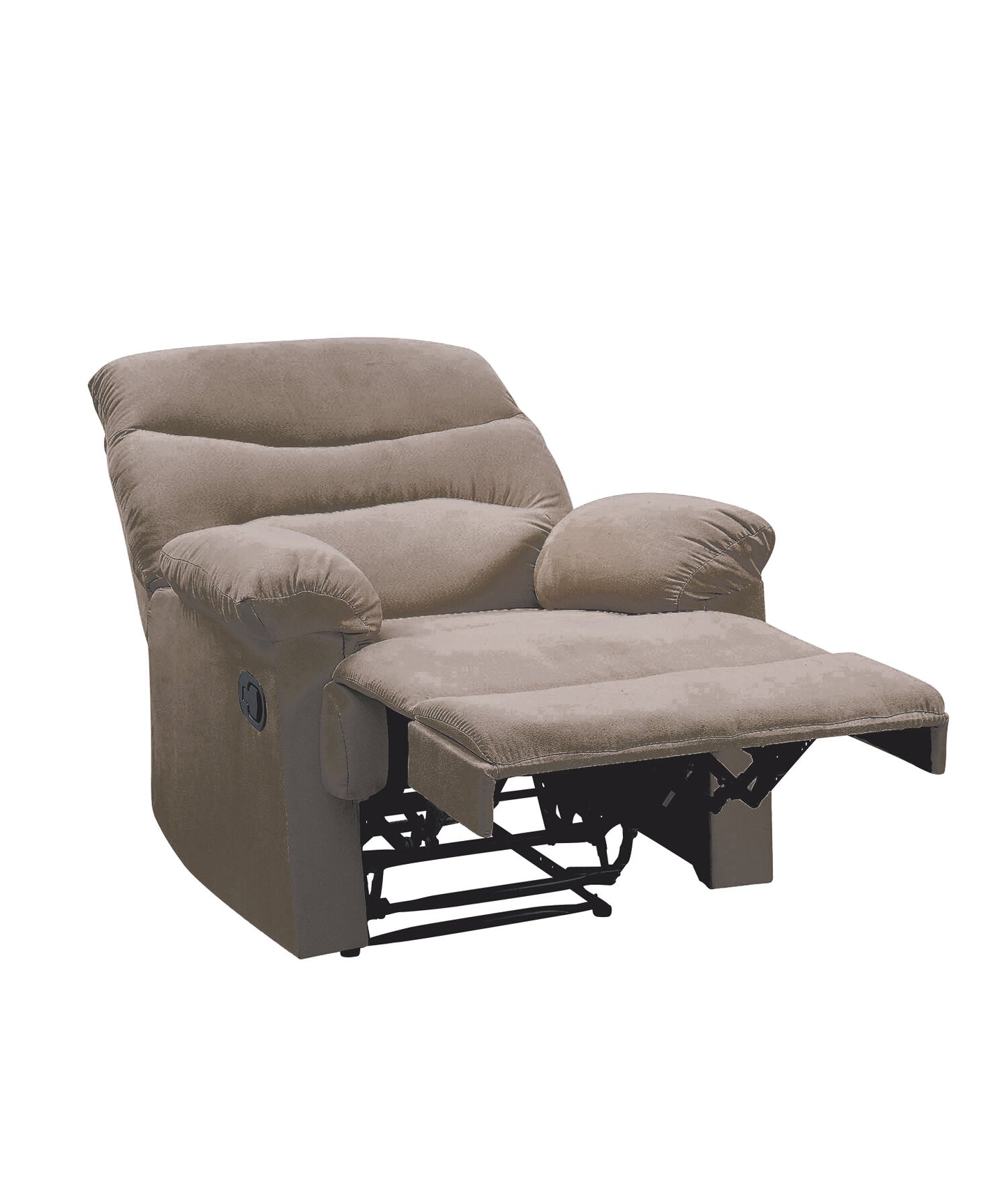 Plush beige fabric recliner chair with extended footrest and lever mechanism