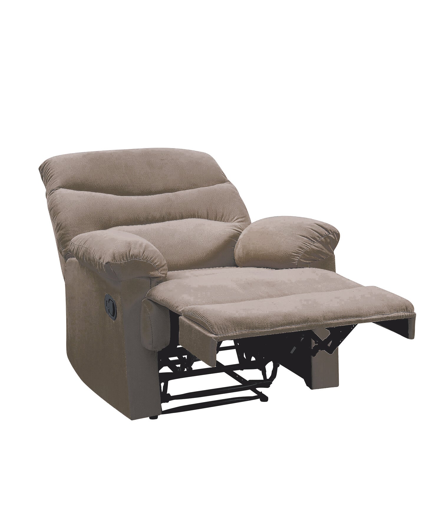 Plush beige fabric recliner chair with extended footrest and lever mechanism
