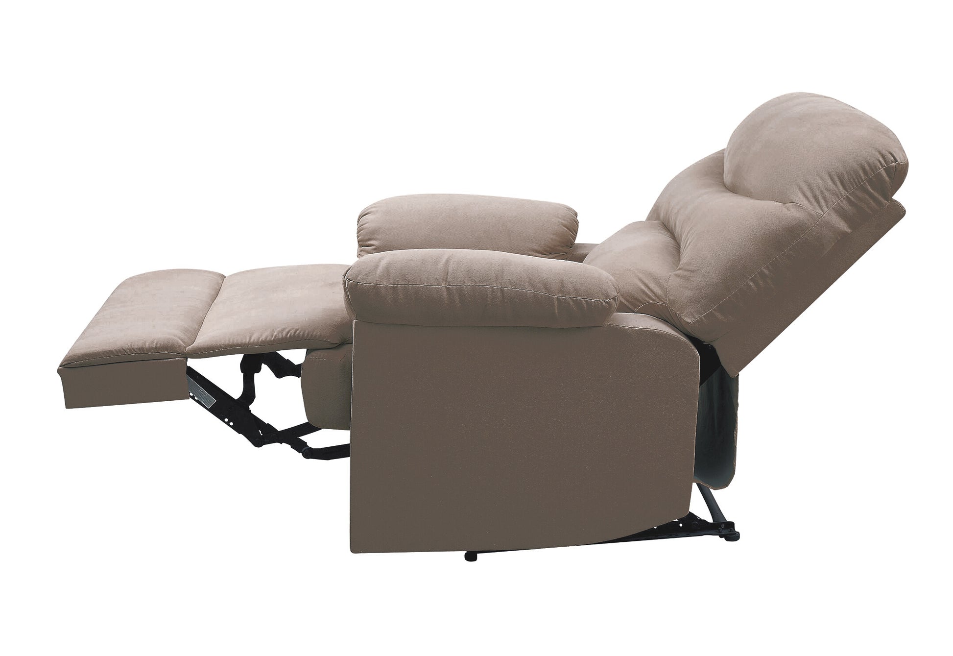 Taupe fabric recliner chair with extended footrest and adjustable headrest