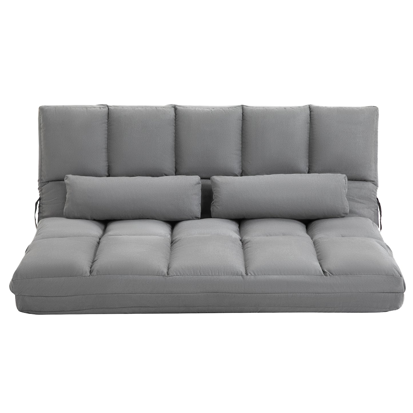 Grey fabric sofa bed with two bolster pillows perfect for small apartments