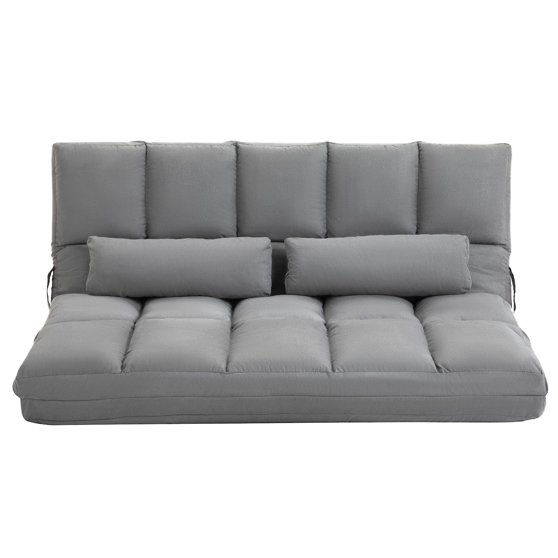 Grey fabric sofa bed with two bolster pillows perfect for small apartments