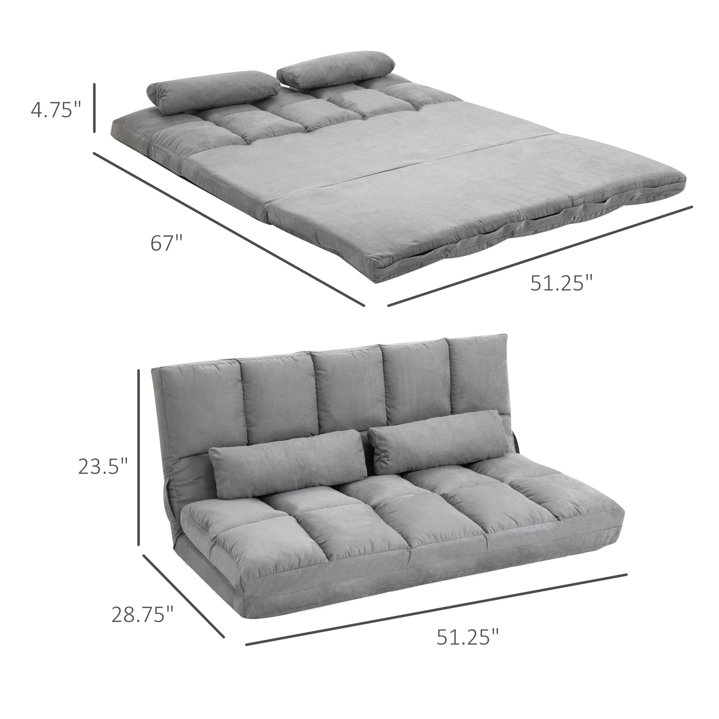 Gray upholstered convertible sofa bed with two bolsters shown in flat bed configuration