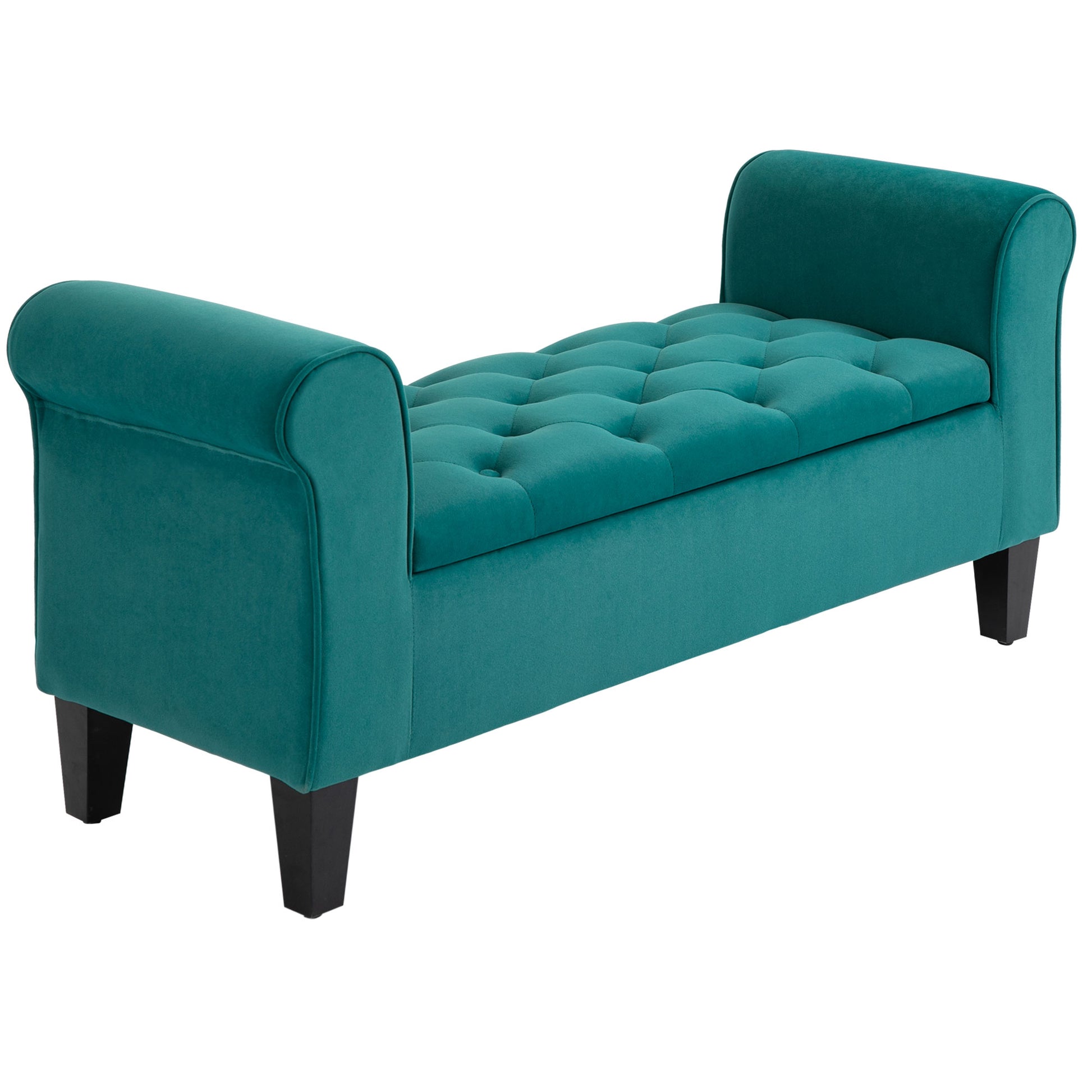 Teal velvet storage bench with button tufting and rolled arms perfect for entryway seating