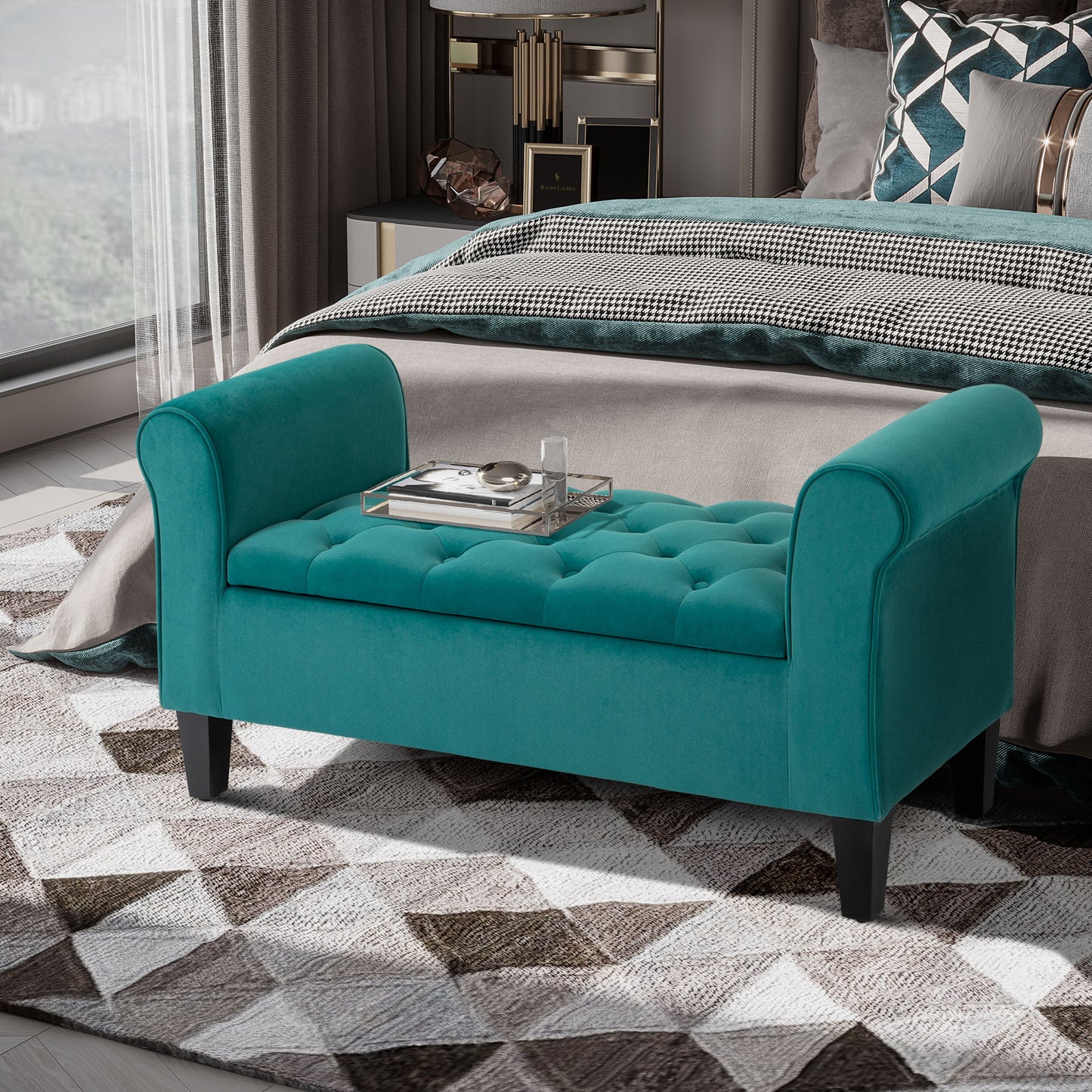 Teal velvet storage bench with button tufting and rolled arms perfect for bedroom entryway seating