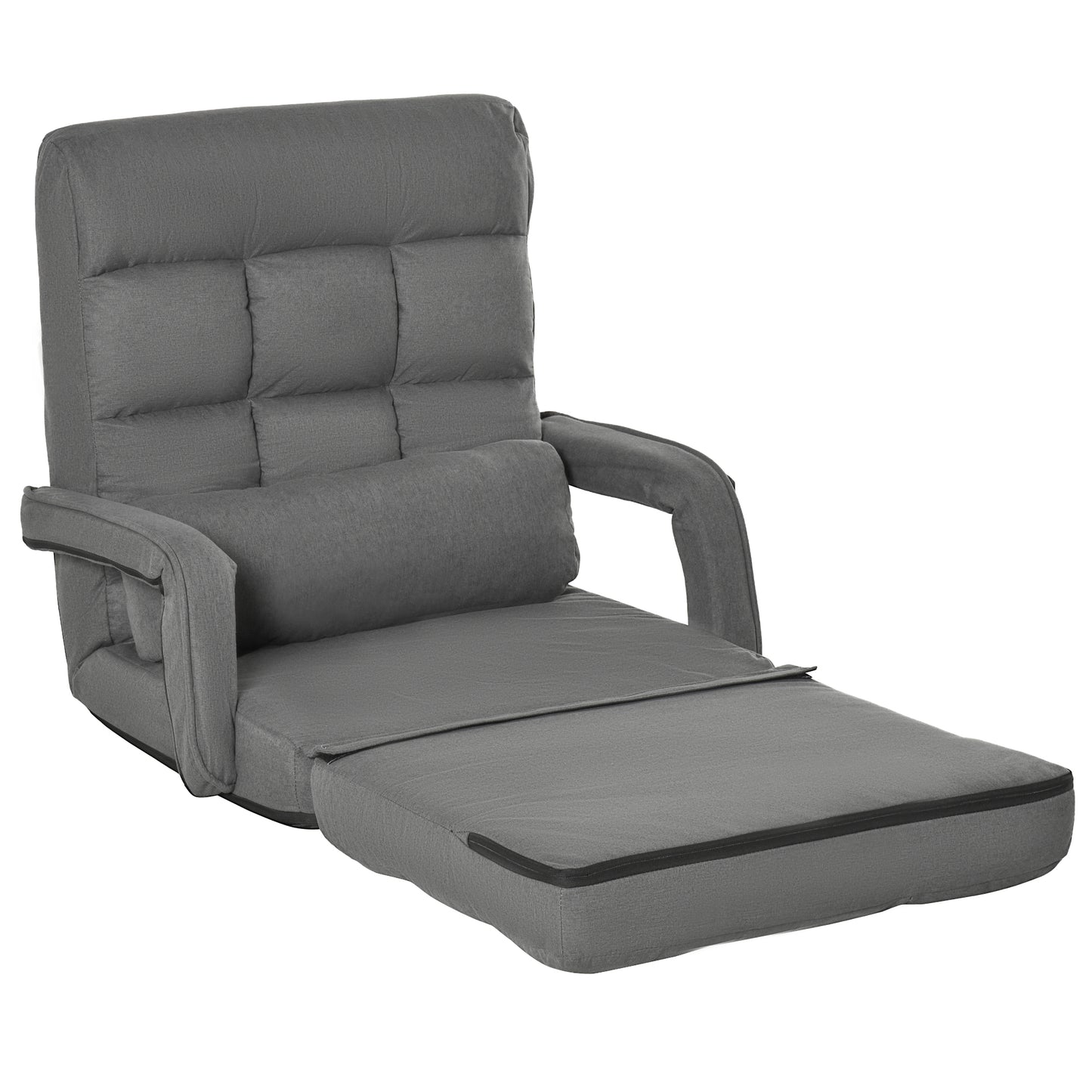 Gray fabric convertible chair with adjustable back and pullout footrest