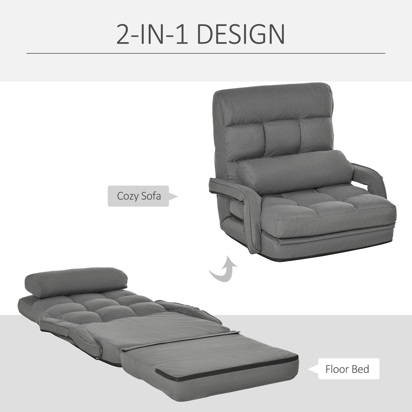 Gray upholstered convertible sofa chair in upright position with plush cushions