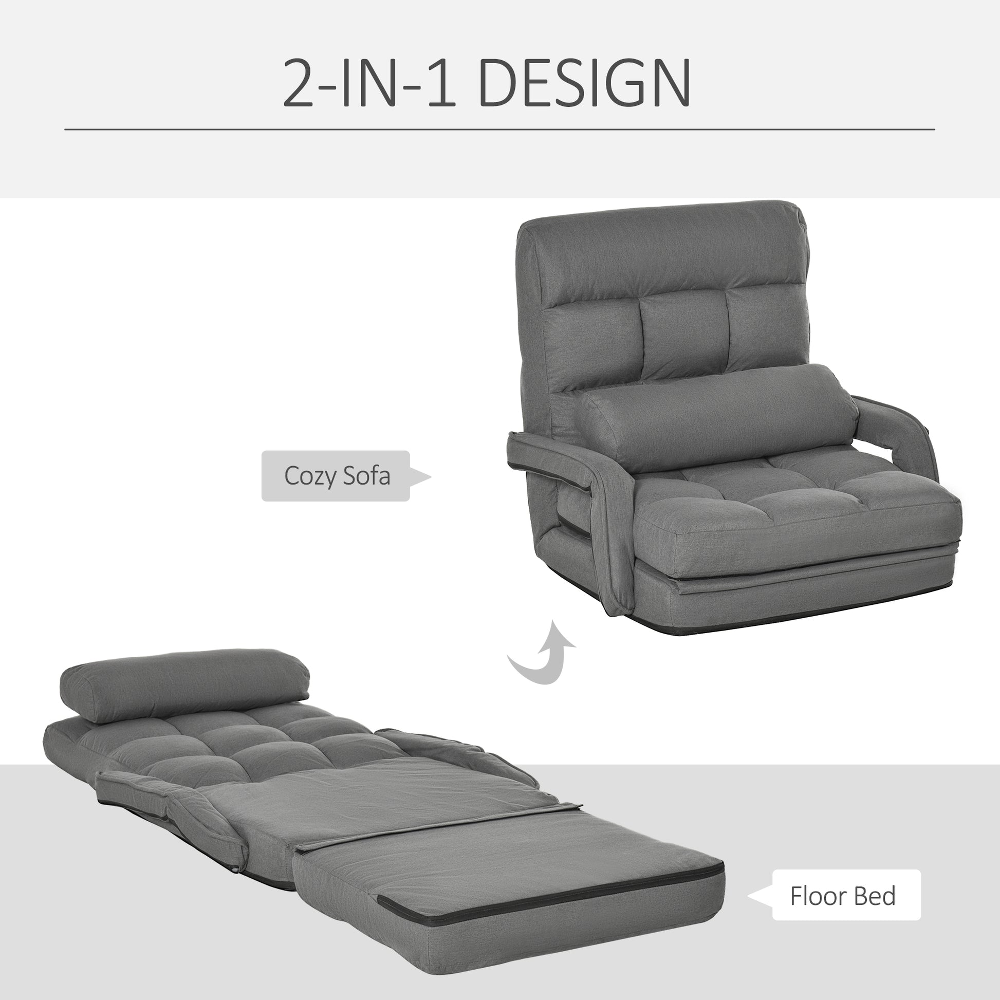 Gray upholstered convertible sofa chair in upright position with plush cushions