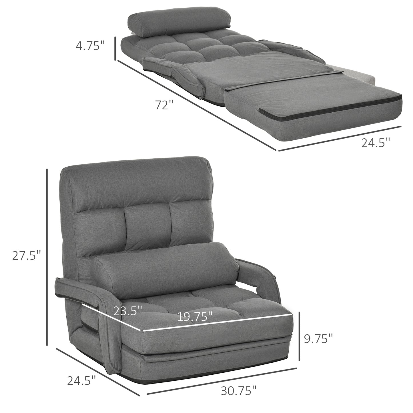 Gray upholstered floor chair with adjustable backrest for comfortable seating