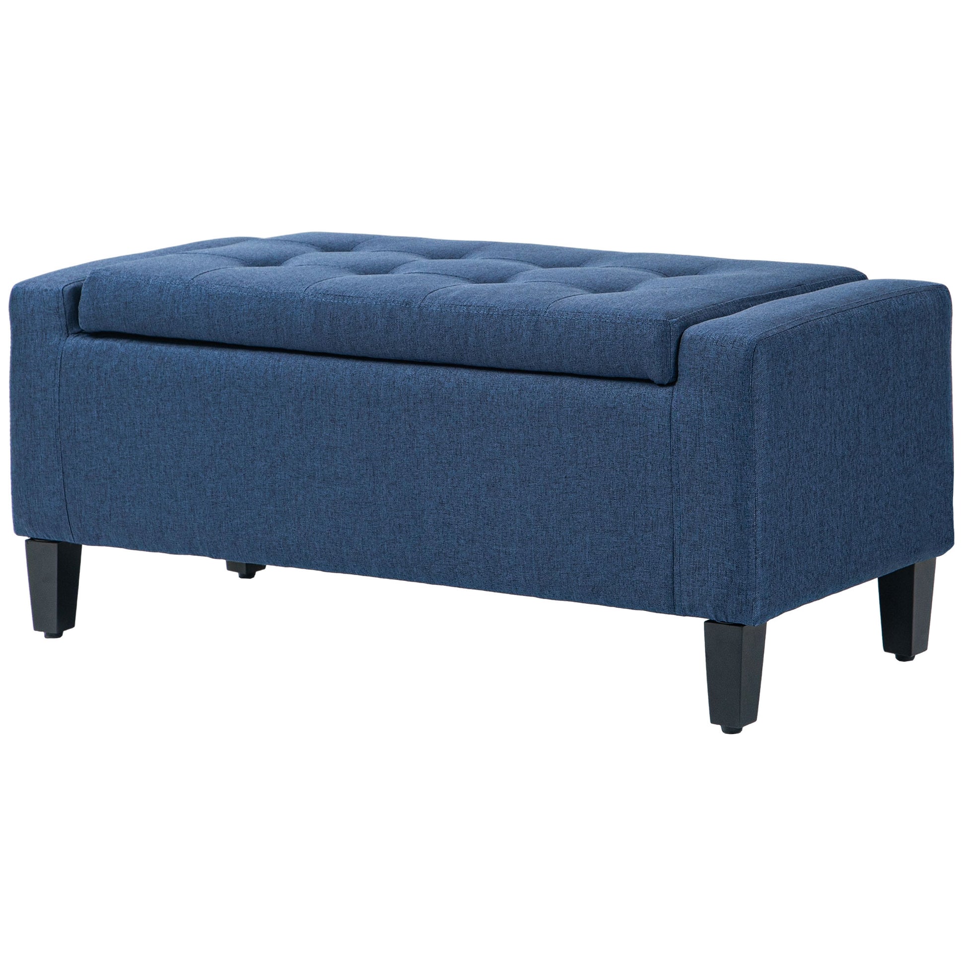 Tufted blue fabric storage ottoman with dark tapered legs