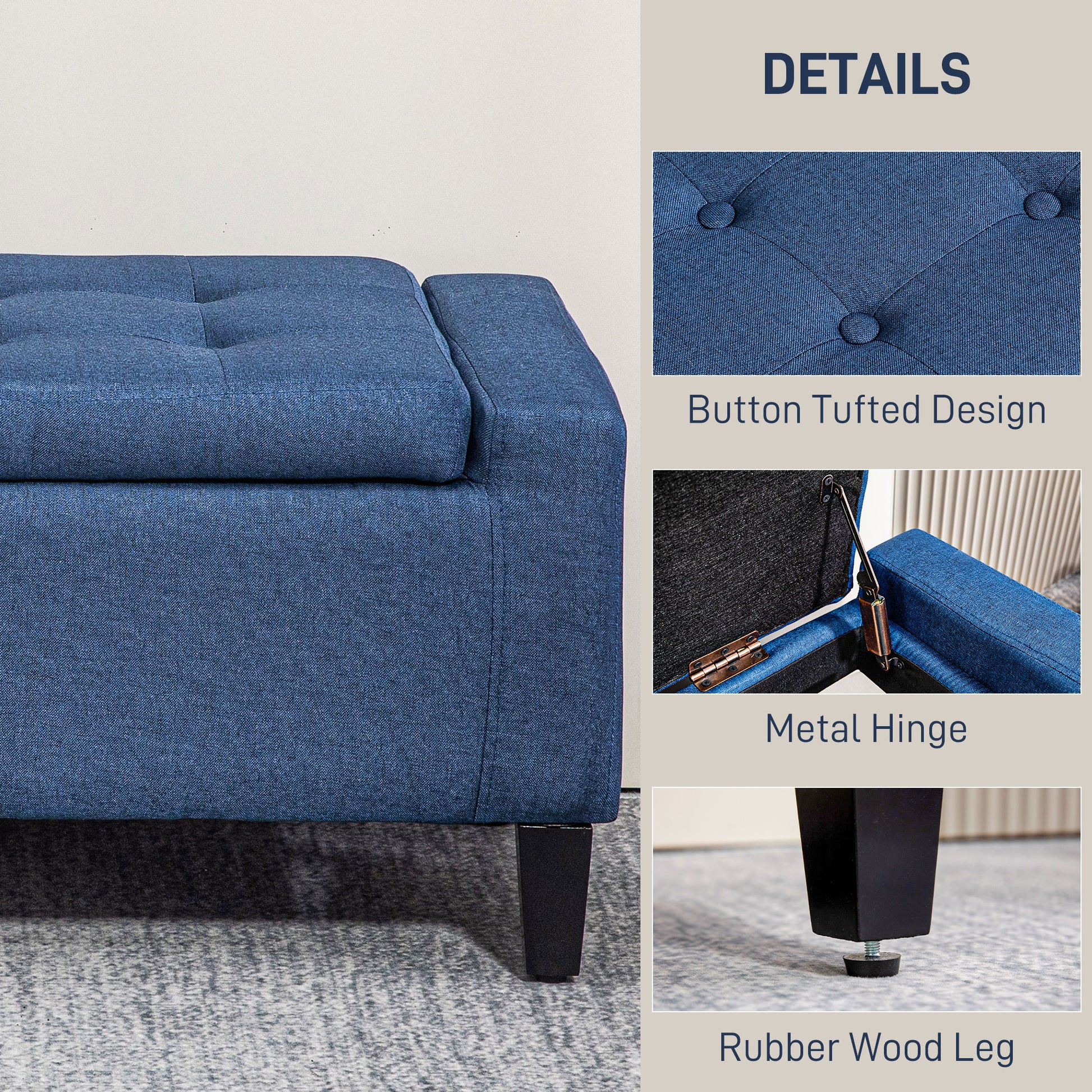 Blue upholstered storage ottoman with button tufted details and hidden storage space