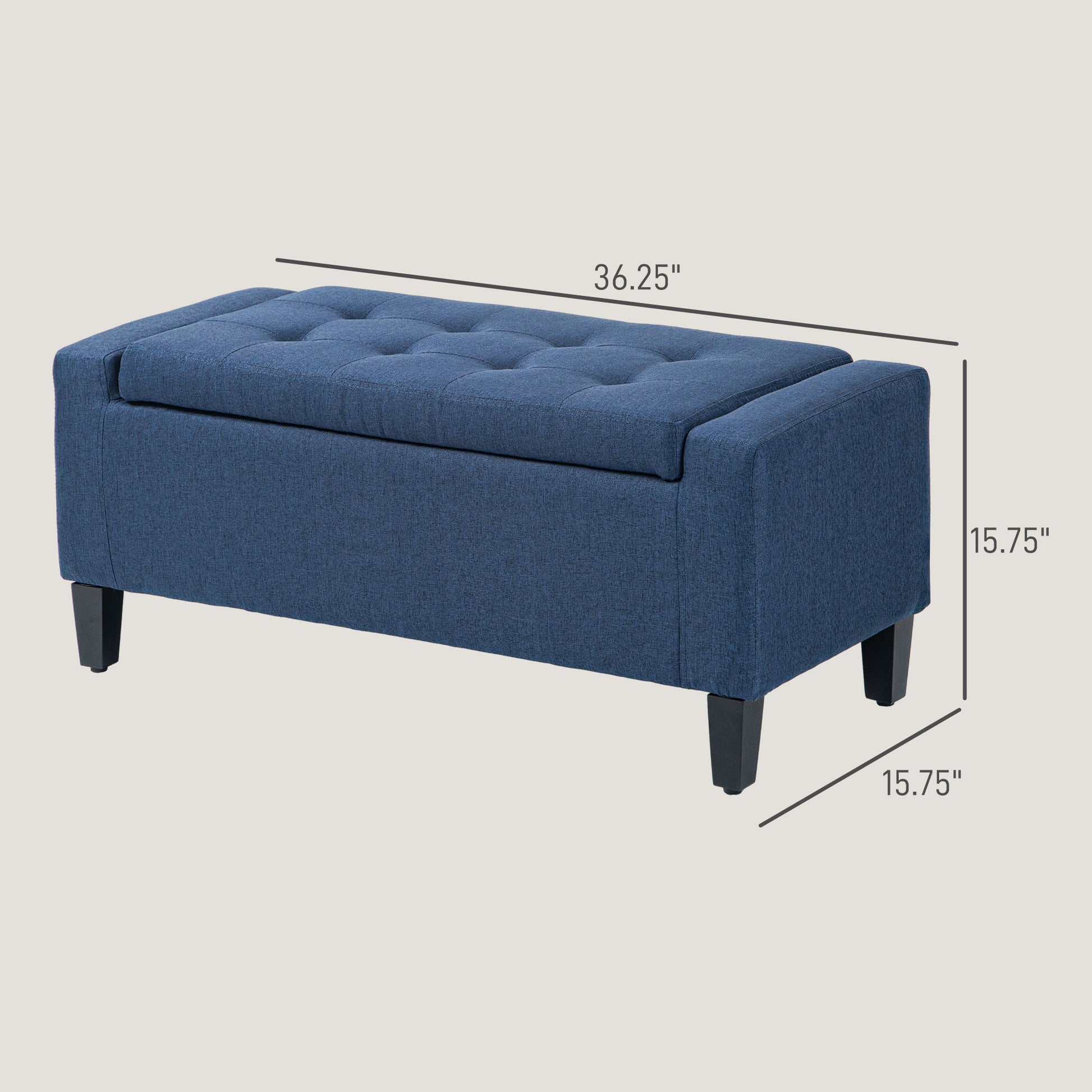 Tufted blue fabric storage ottoman with black legs  inches long