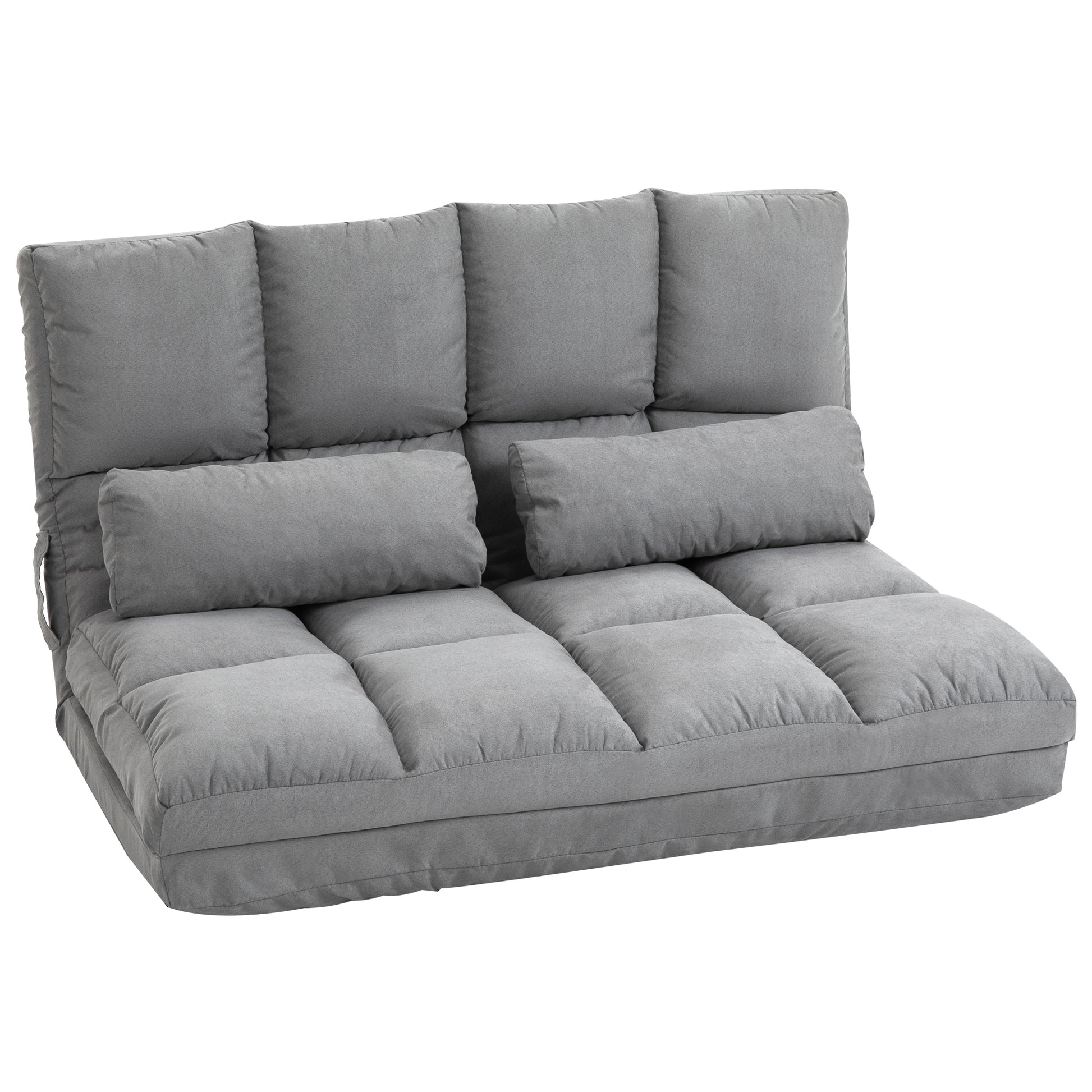 Grey fabric futon sofa with multiple cushions converts for seating or sleeping