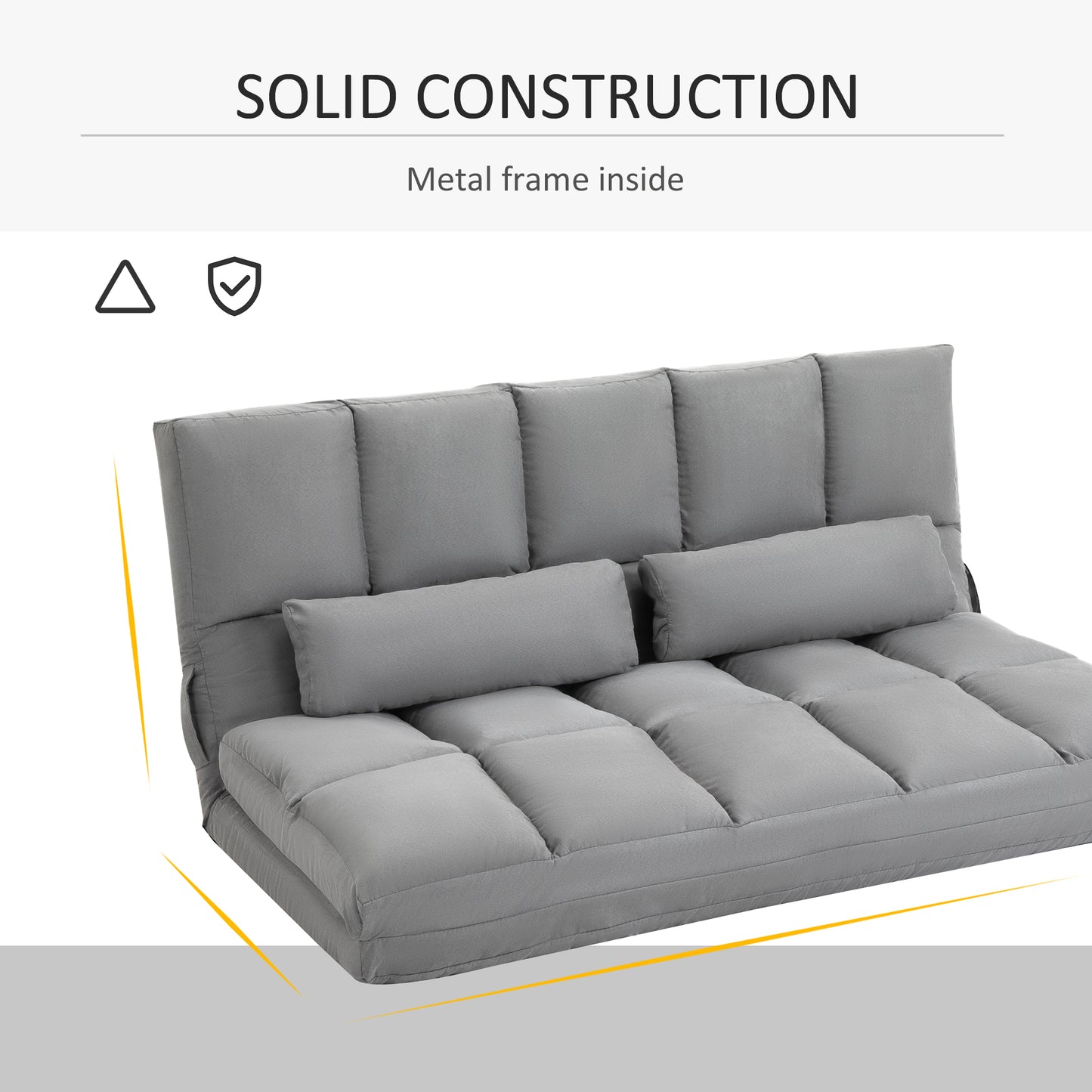 Grey fabric futon sofa with plush cushions and metal frame perfect for small spaces