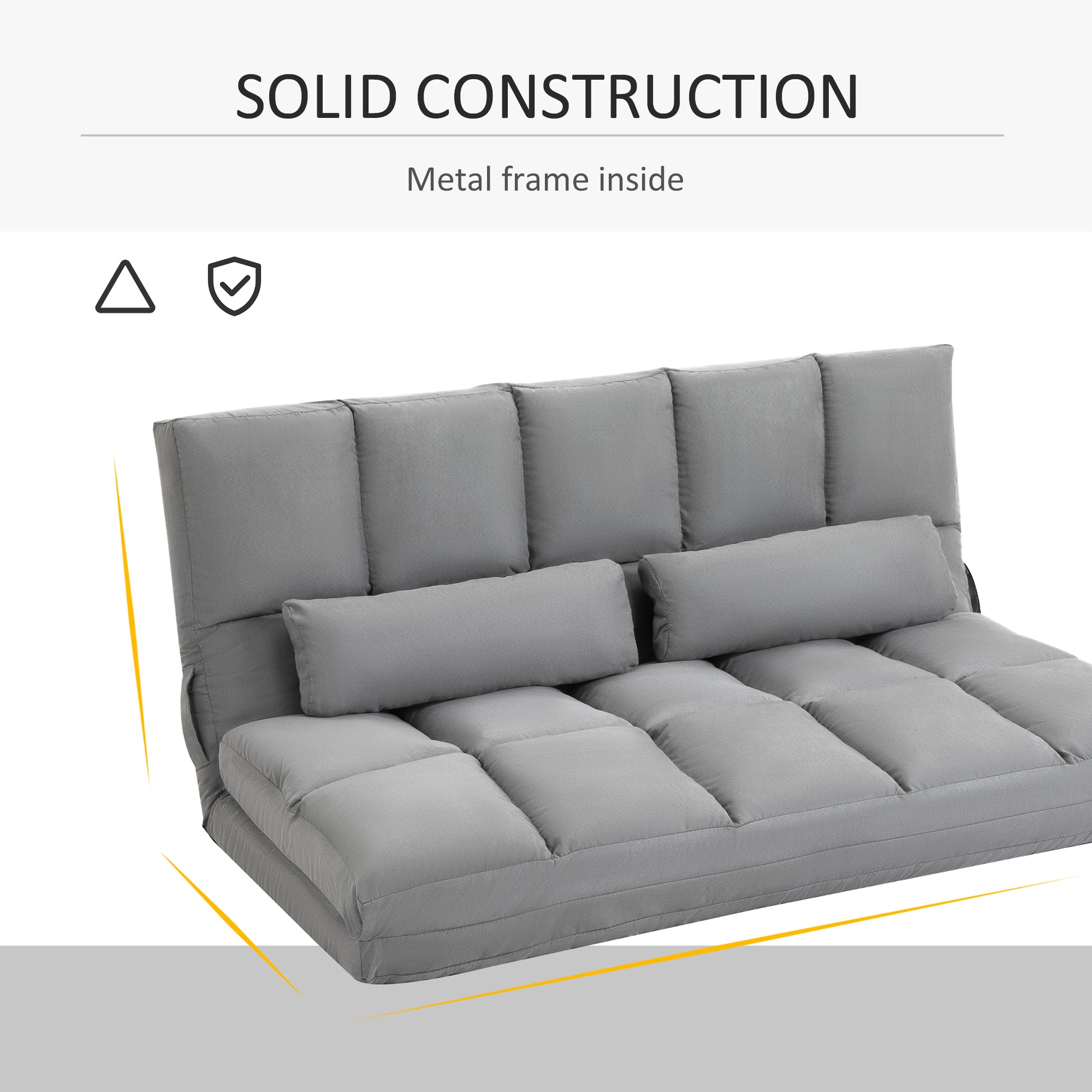 Grey fabric futon sofa with plush cushions and metal frame perfect for small spaces