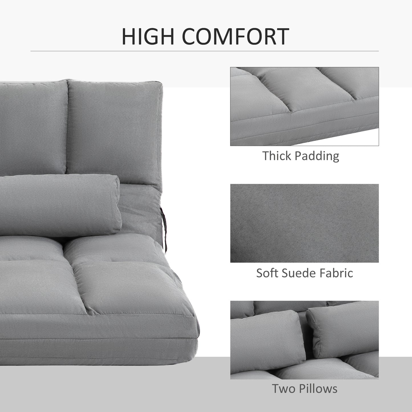 Grey suede fabric sofa bed with thick padding and two throw pillows