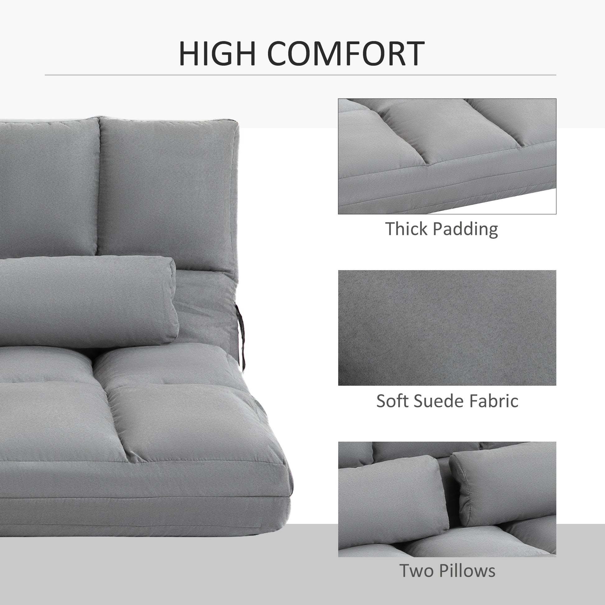 Grey suede fabric sofa bed with thick padding and two throw pillows