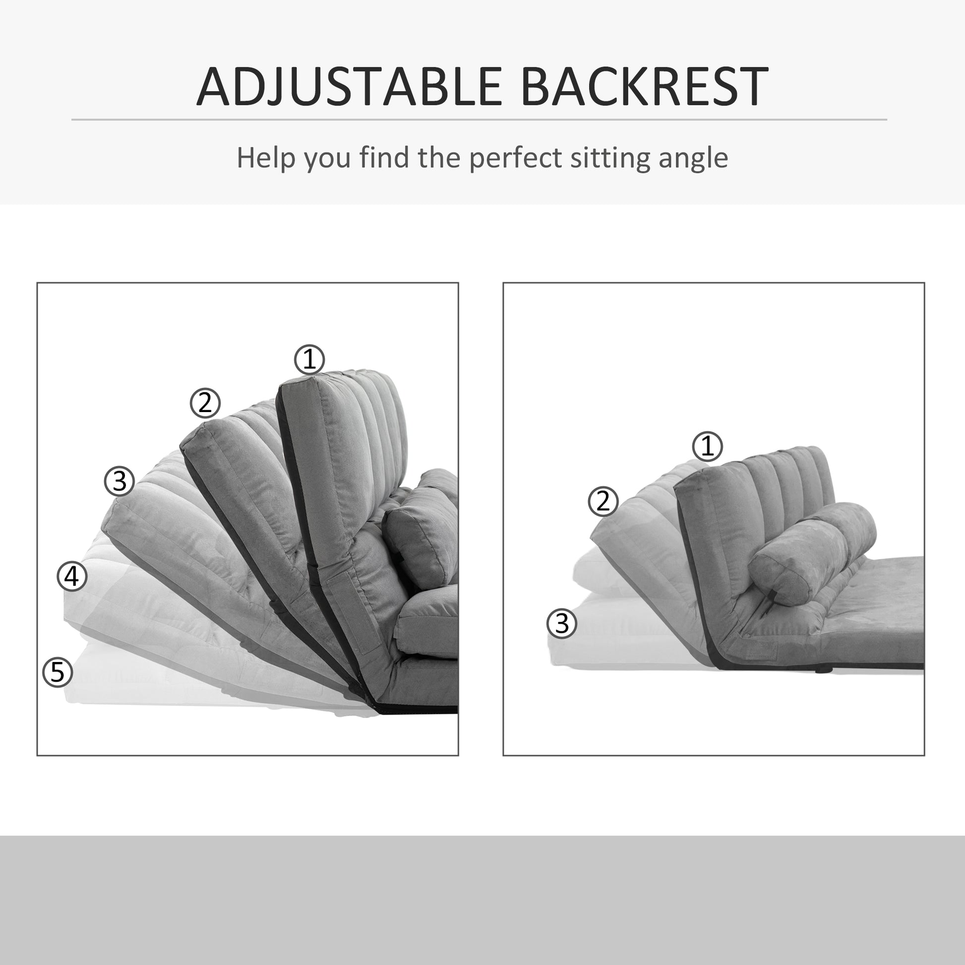 Gray upholstered chair demonstrating five adjustable backrest positions