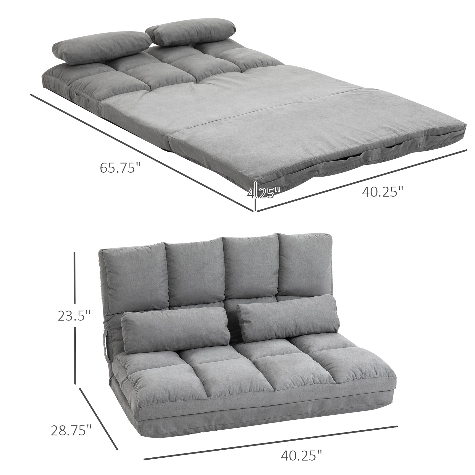 Gray fabric futon sofa with adjustable back and two throw pillows for versatile seating